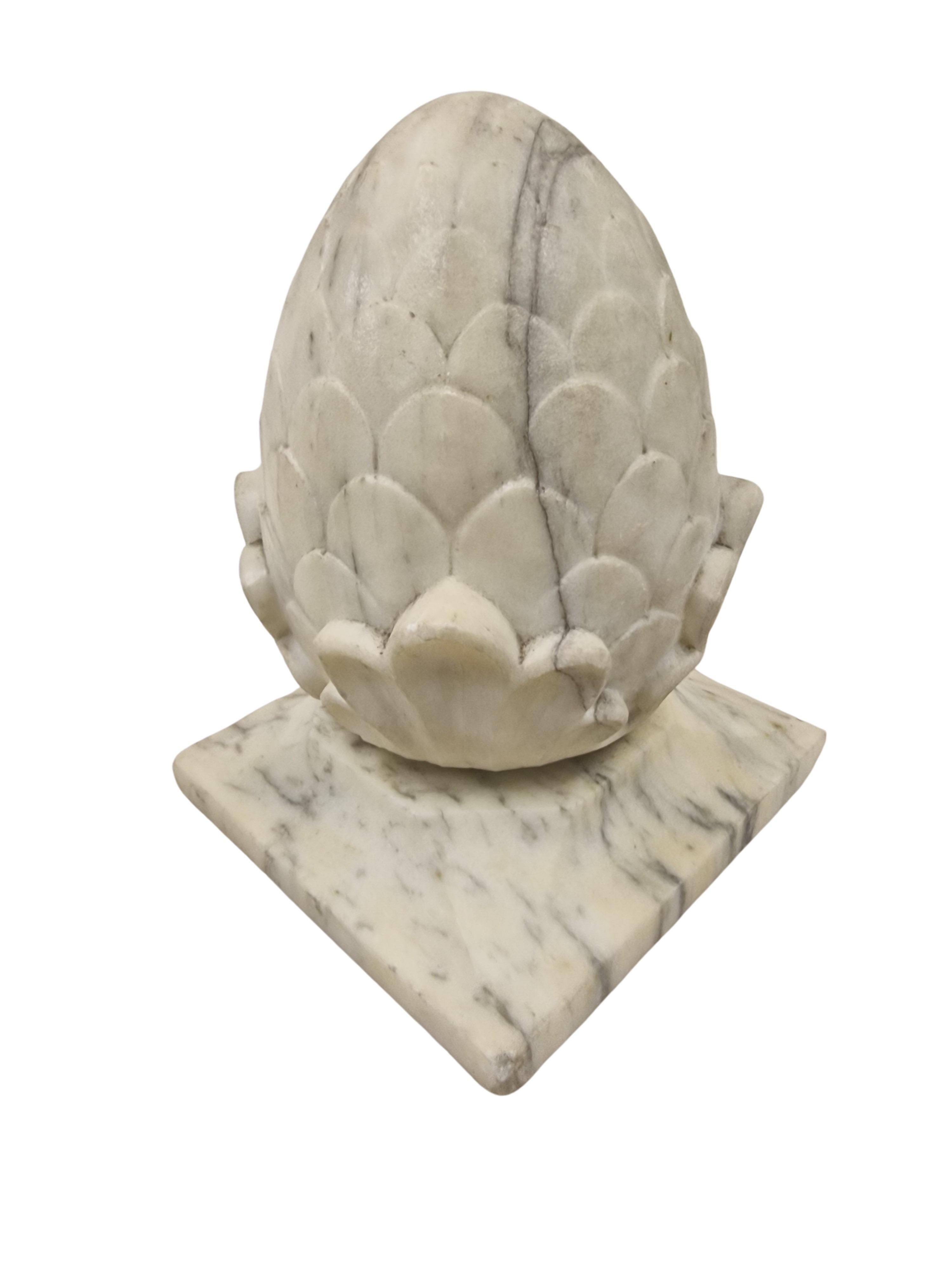 Carrara Marble Pair of column crowns in form of pine cones, symbol of luck, marble, 1920, Italy For Sale