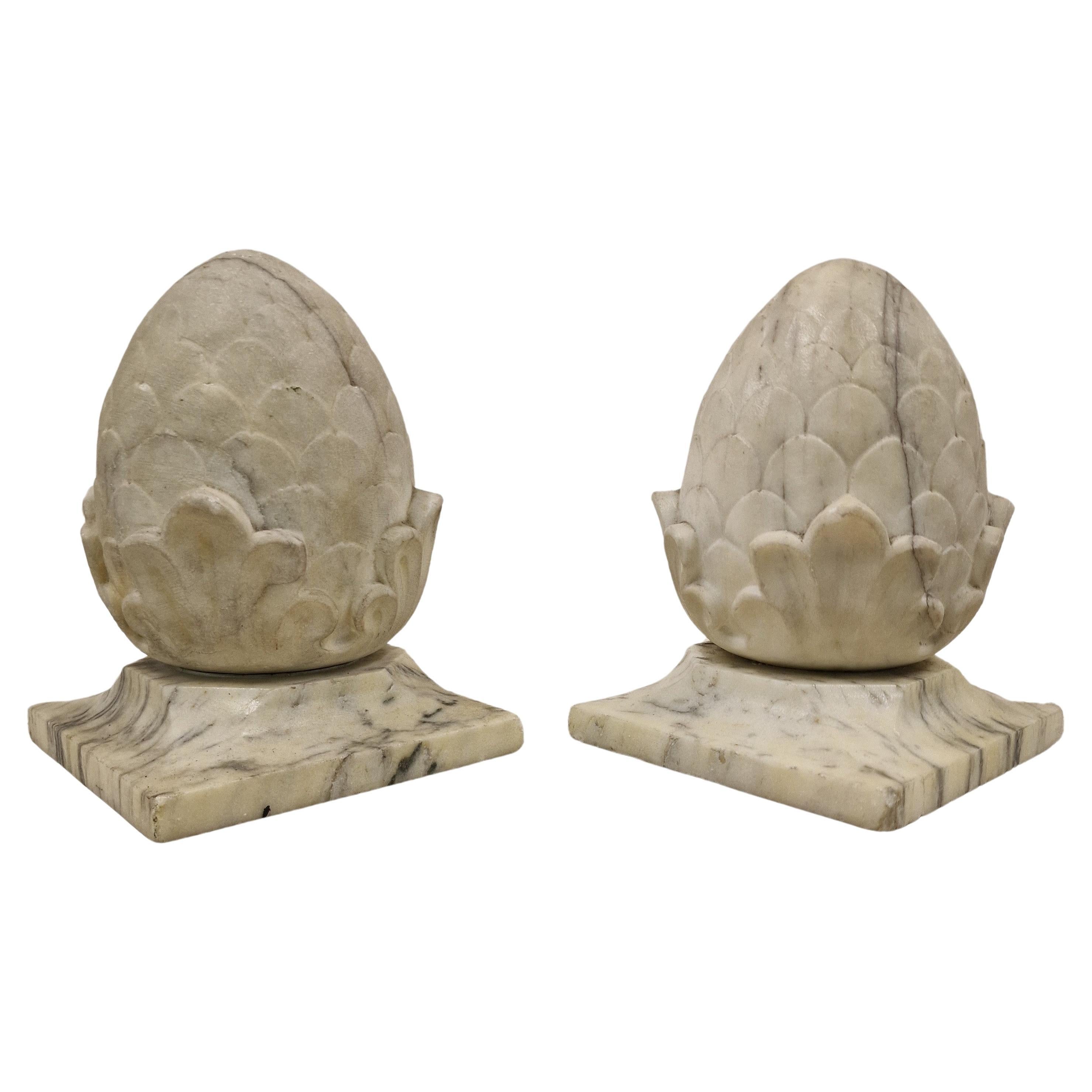 Pair of column crowns in form of pine cones, symbol of luck, marble, 1920, Italy For Sale