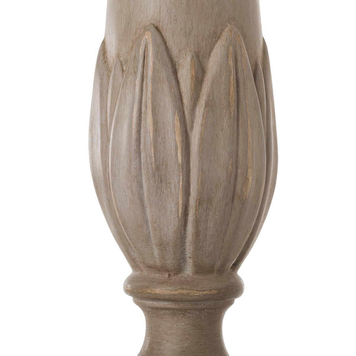 A pair of column flamed ceramic table lamps matched with cylindrical shade. The table lamps have a sinuous column shape with a warm honey beige patina and leaves pattern details. The matching cylindric shade in warm beige linen is enriched by