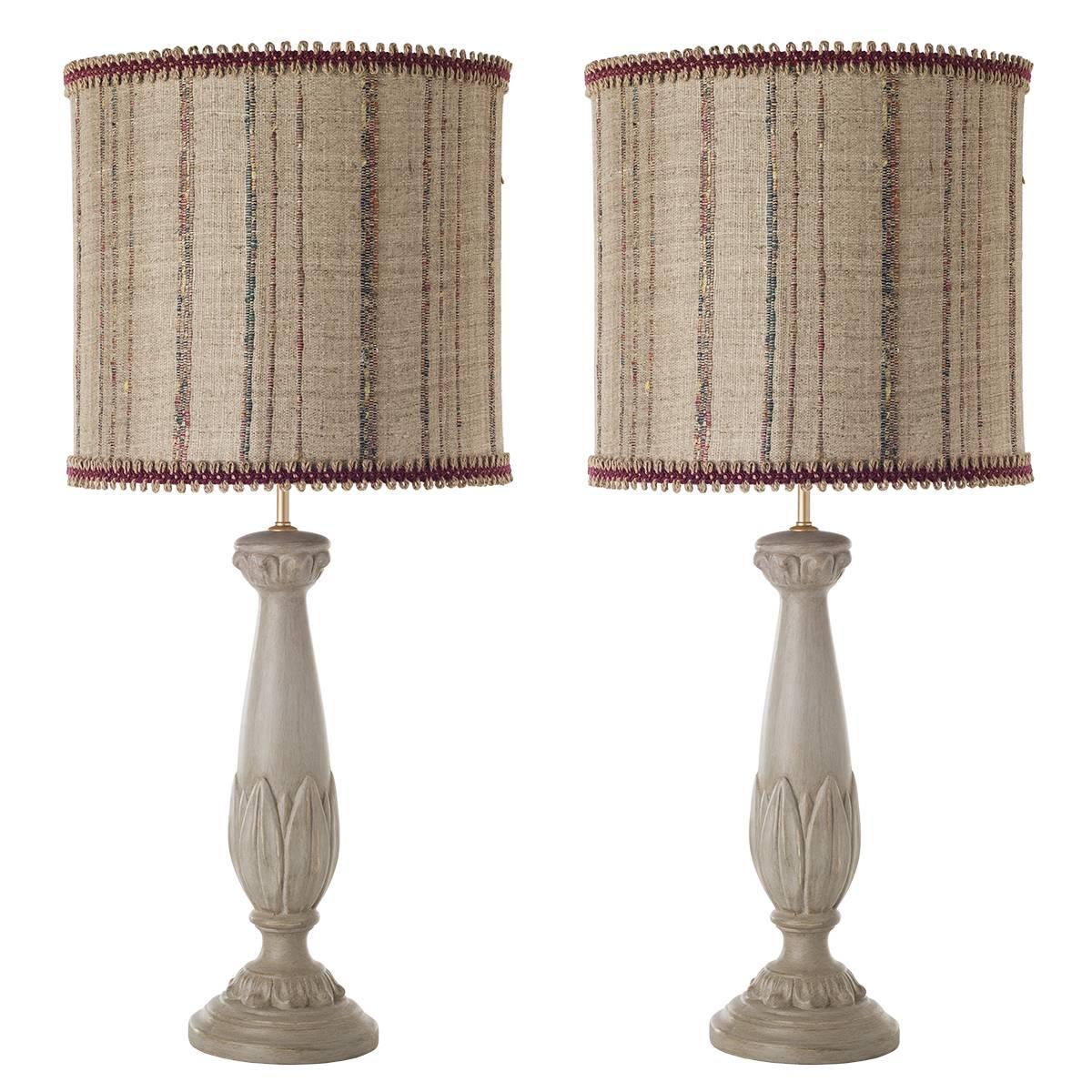 Pair of Column Flamed Ceramic Table Lamps For Sale