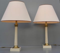 Pair of Column Table Lamps in Off White Metal and Brass Details, France 1960's