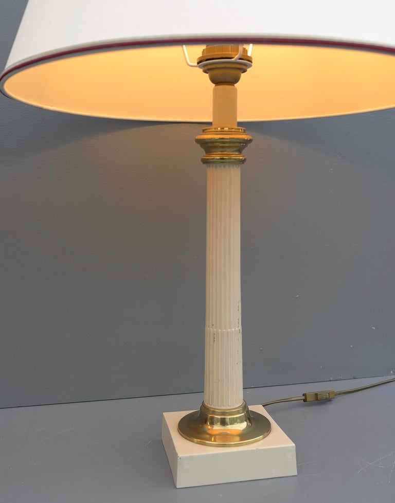 French Pair of Column Table Lamps in Off White Metal and Brass Details, France 1960's For Sale
