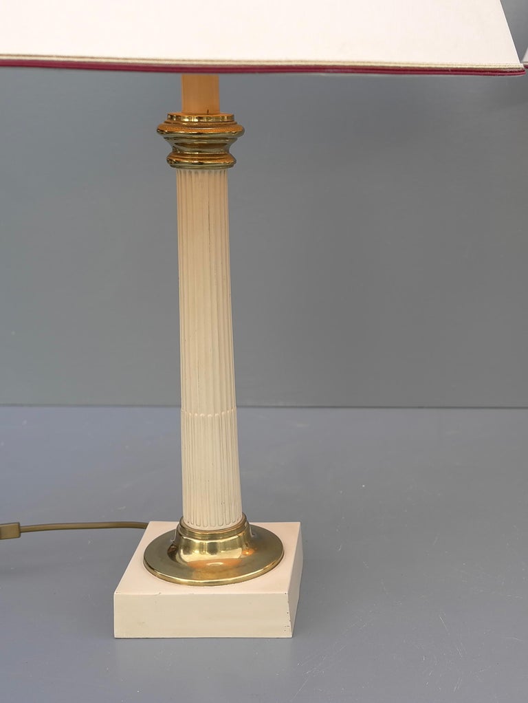 Pair of Column Table Lamps in Off White Metal and Brass Details, France 1960's For Sale 1