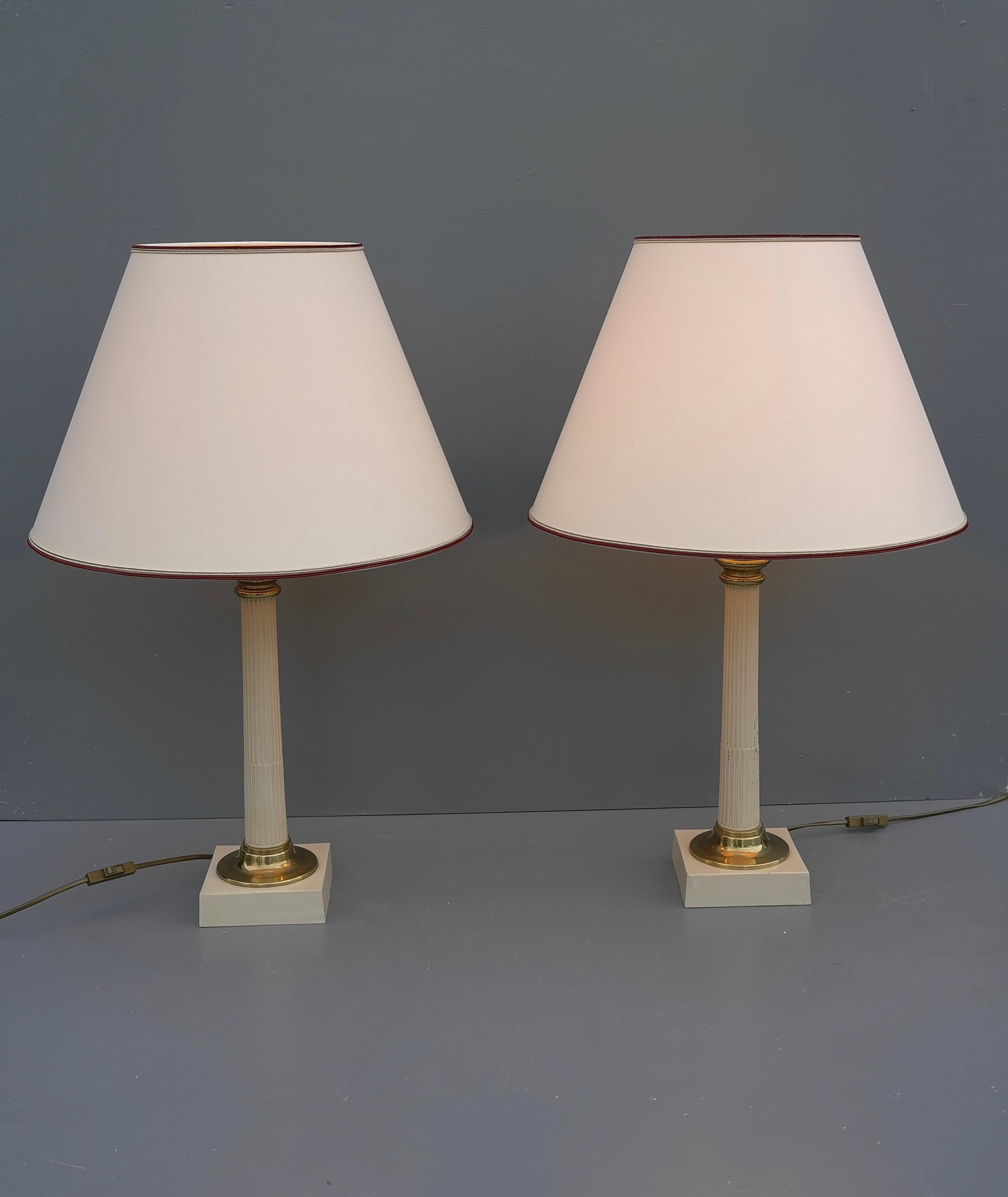 Pair of Column Table Lamps in Off White Metal and Brass Details, France 1960's For Sale 2