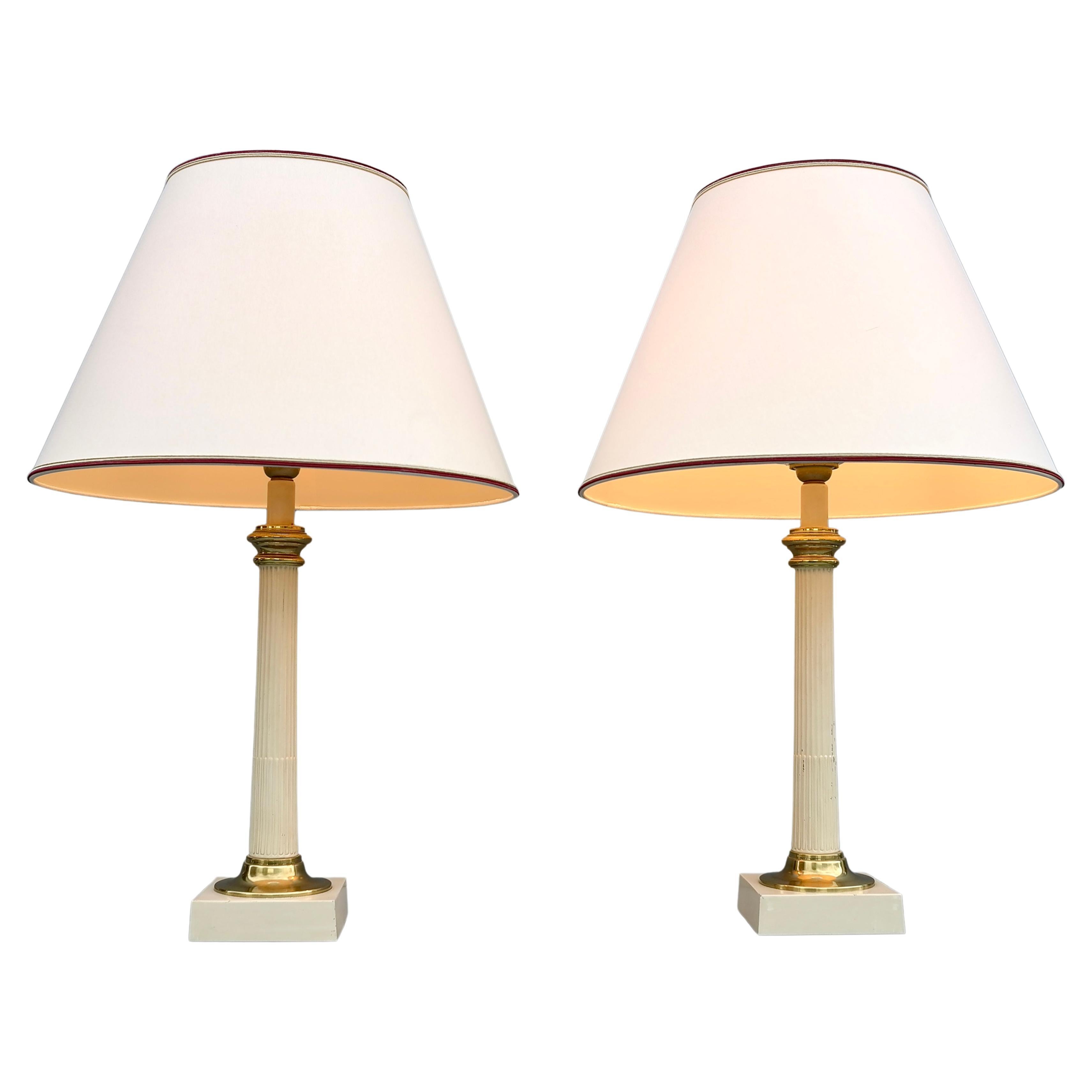 Pair of Column Table Lamps in Off White Metal and Brass Details, France 1960's For Sale