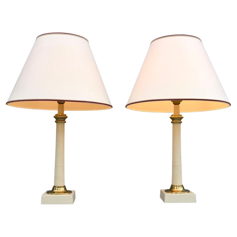 Pair of Column Table Lamps in Off White Metal and Brass Details, France 1960's For Sale