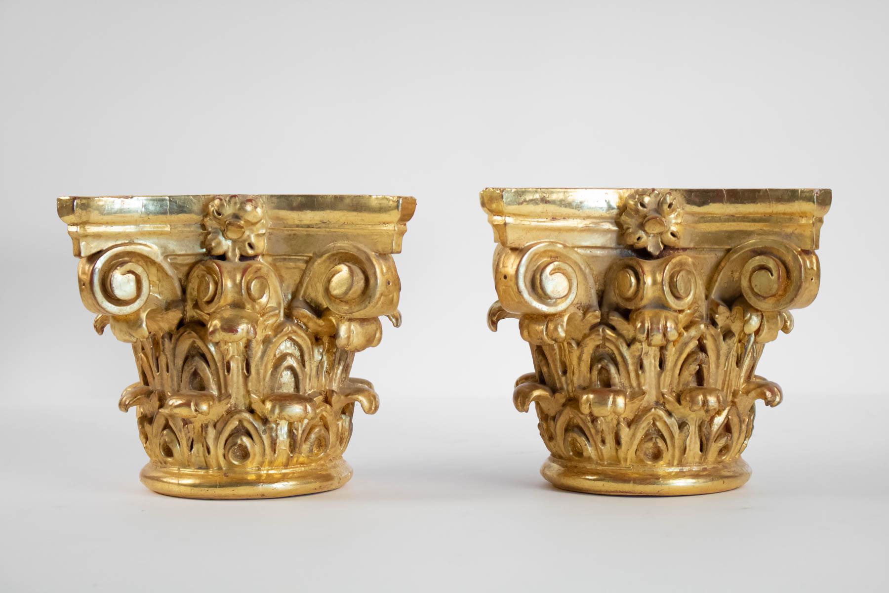 French Pair of Column Tops Carved and Gilded, 20th Century