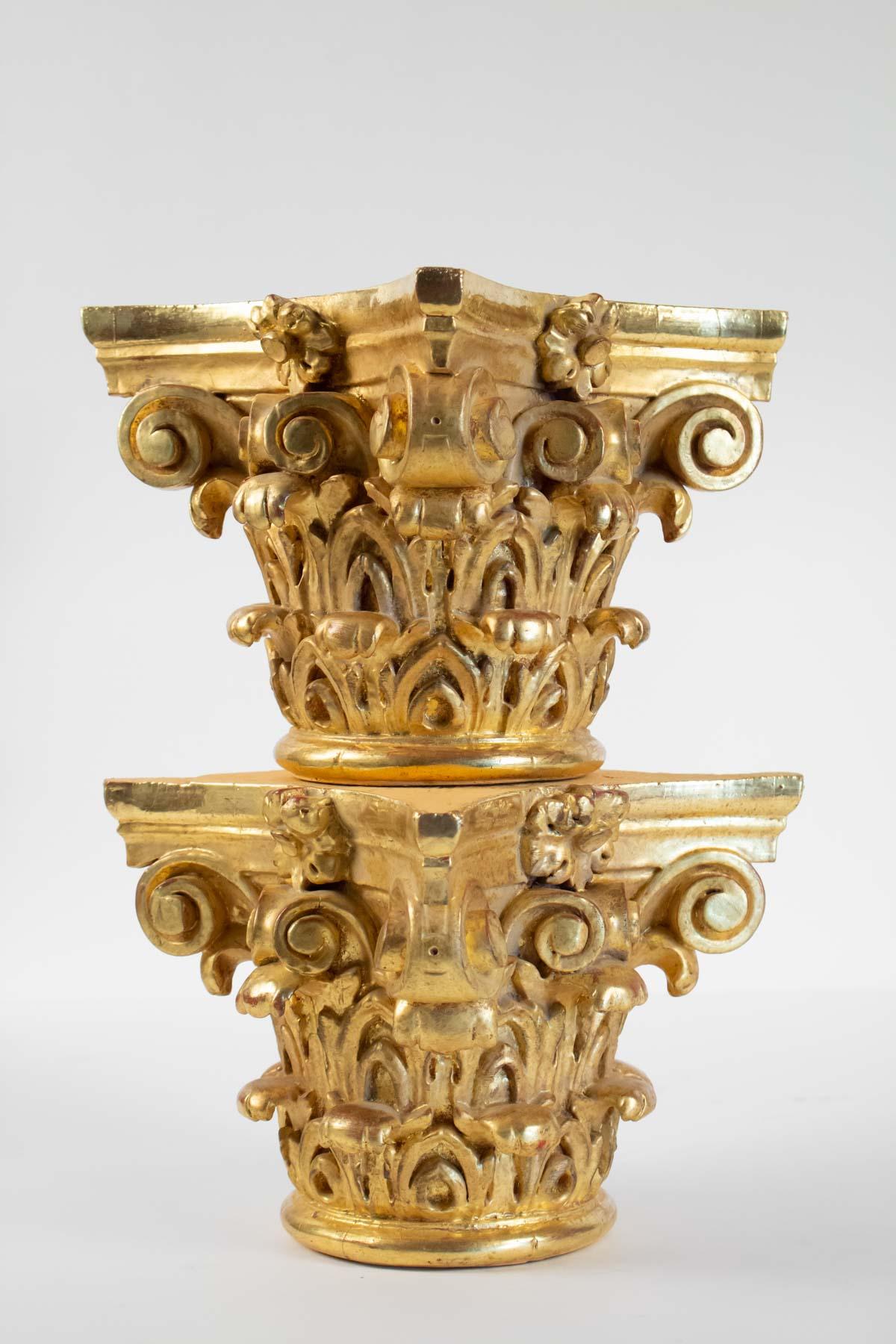 Mid-20th Century Pair of Column Tops Carved and Gilded, 20th Century