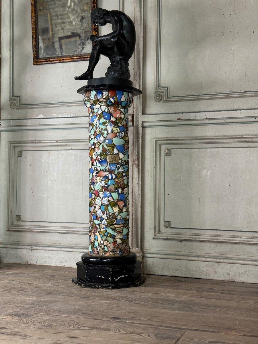 Pair Of Columns Decorated With Fragments Of Earthenware And Porcelain, Art Populaire About 1900