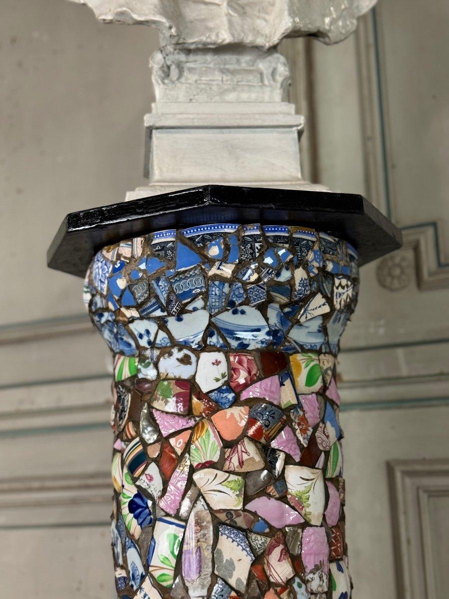 Marble Pair Of Columns Decorated With Fragments Of Earthenware And Porcelain For Sale