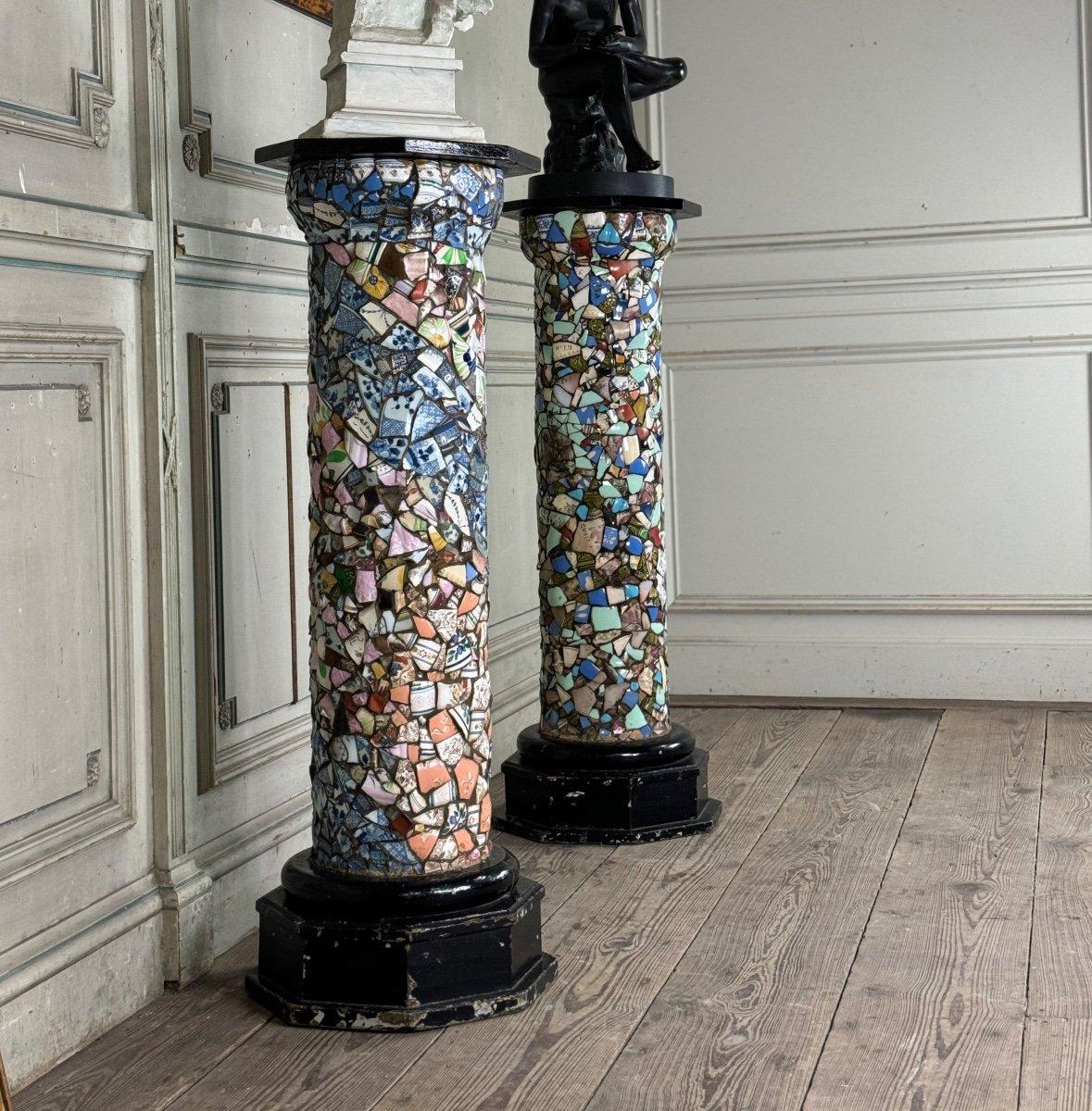 Pair Of Columns Decorated With Fragments Of Earthenware And Porcelain For Sale 2