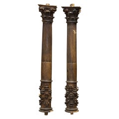 Antique Pair of Columns in Carved Wood, 17th Century