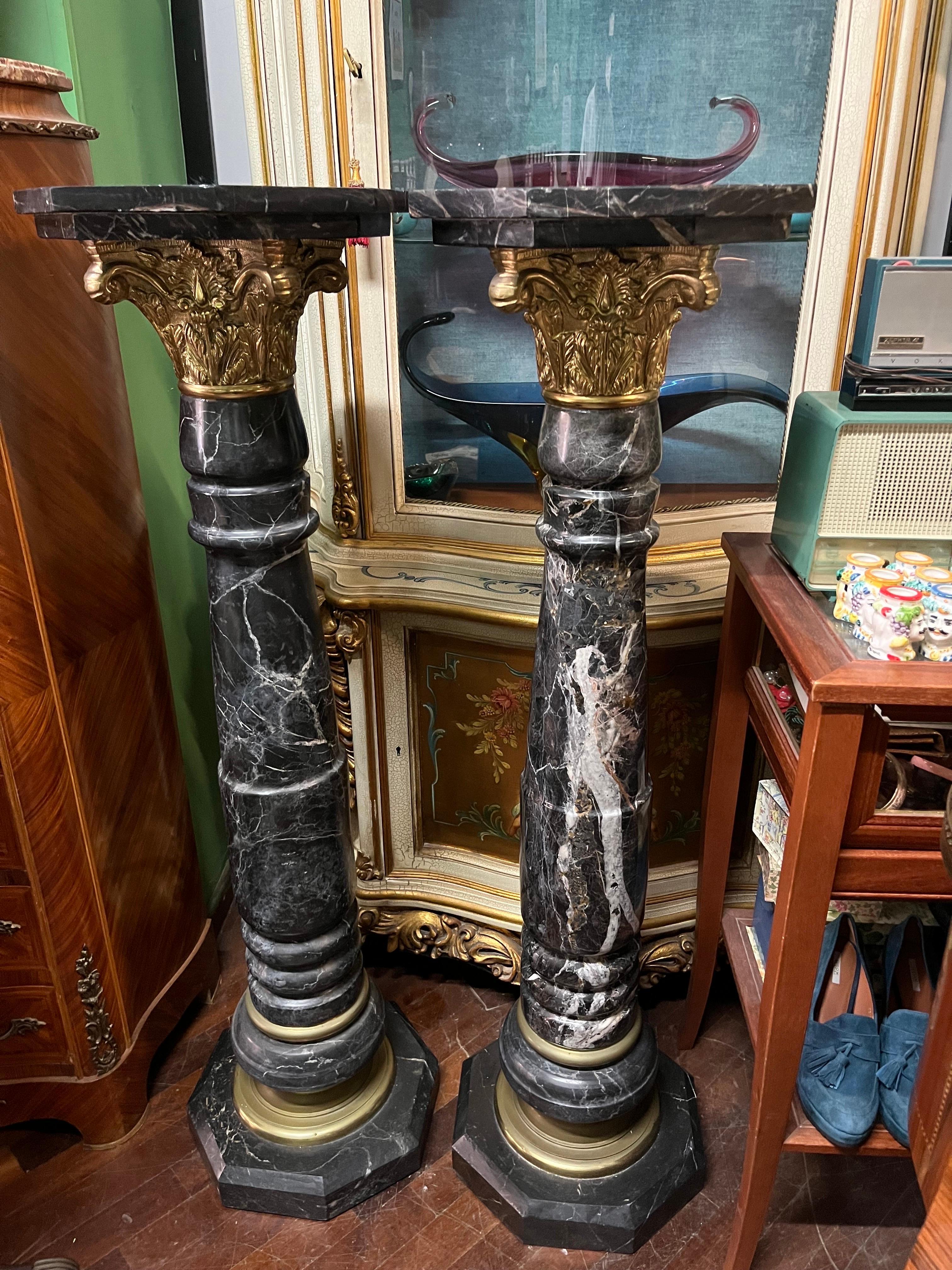 Pair of Columns in Precious Black Marble and Brass from the 1900s In Good Condition For Sale In Foggia, FG