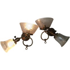 Pair of Combination Gas and Electric Late Victorian Sconces, Etched Glass Shades