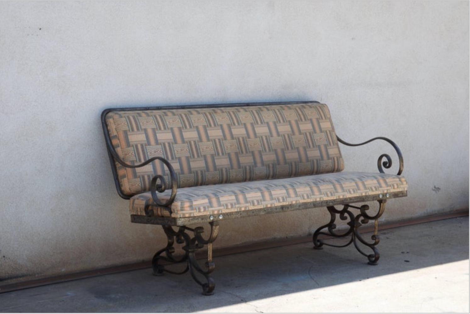 Patinated Pair of Comfortable French Art Nouveau Industrial Wrought Iron Benches For Sale