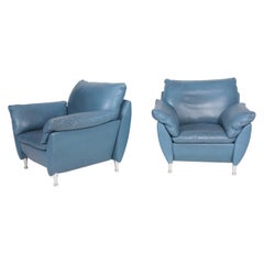 Pair of Comfortable Modern Design Lounge Chairs in Blue Leather by Rolf Benz
