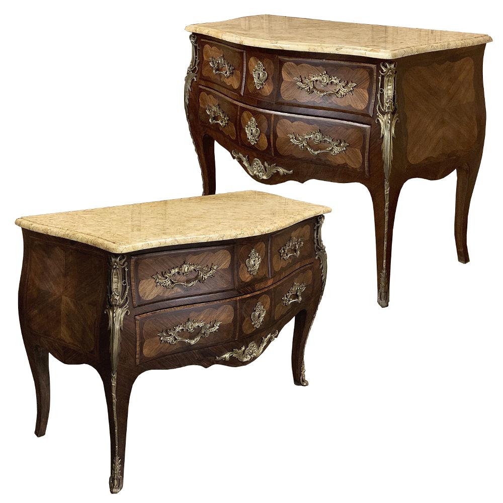 Pair of Commodes, 19th Century French Marble Top Marquetry Bombe