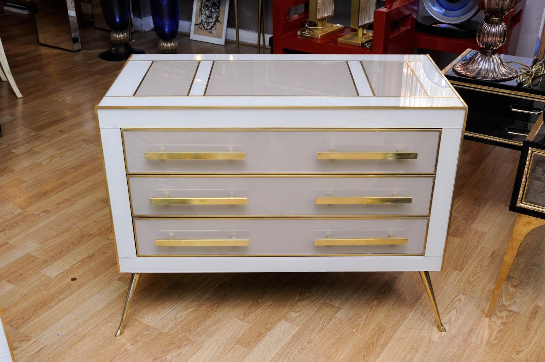 Italian Pair of Commodes All in Tinted Glass with Three Drawers