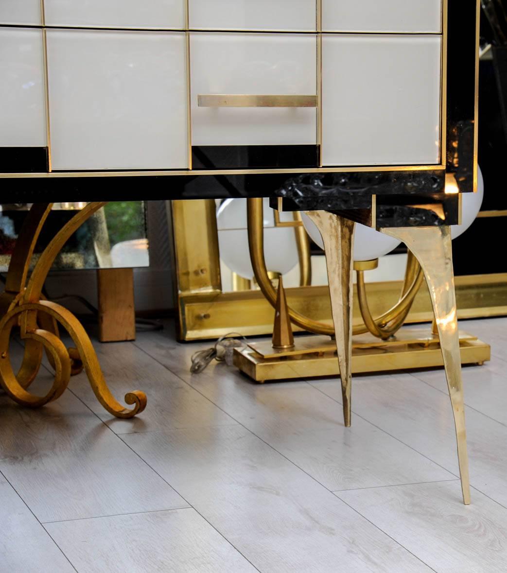 Italian Pair of Commodes with Two Drawers in Teinted Glass and Brass