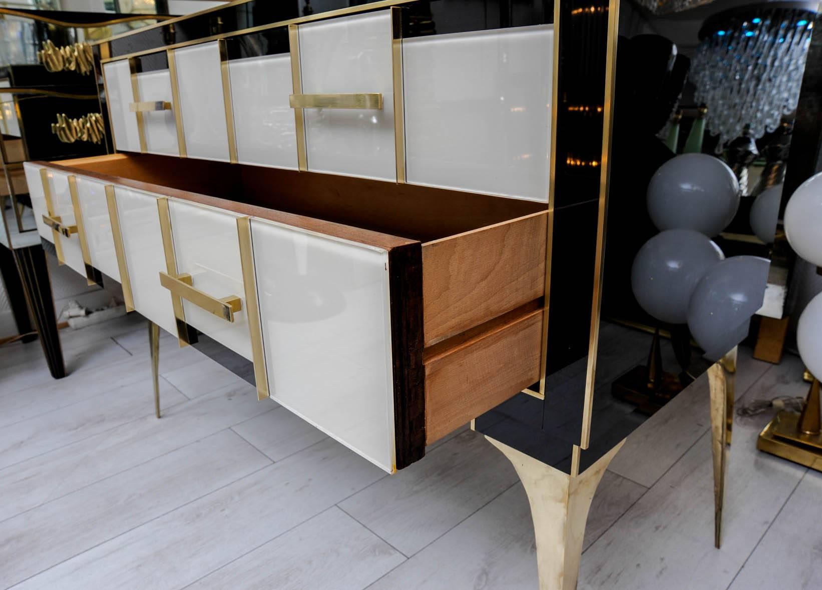 Pair of Commodes with Two Drawers in Teinted Glass and Brass 1