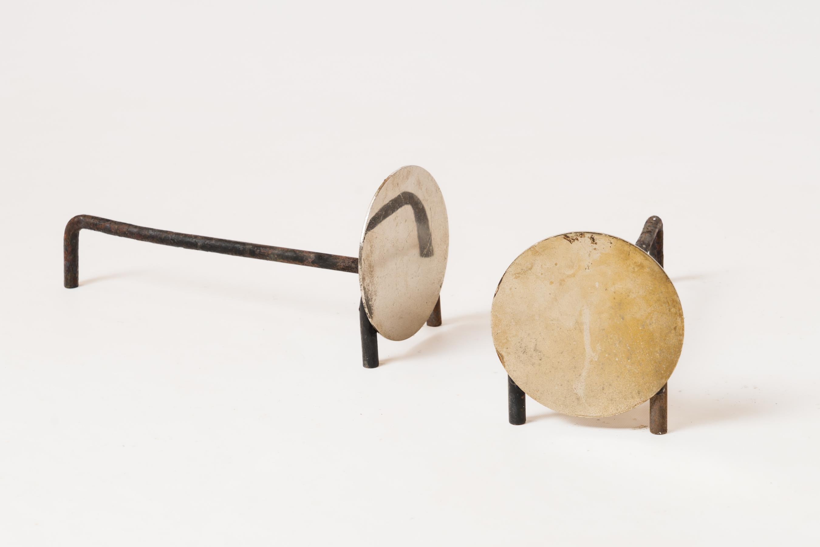 French Pair of Compact Minimalist Steel Discs Andirons - France 1970s For Sale