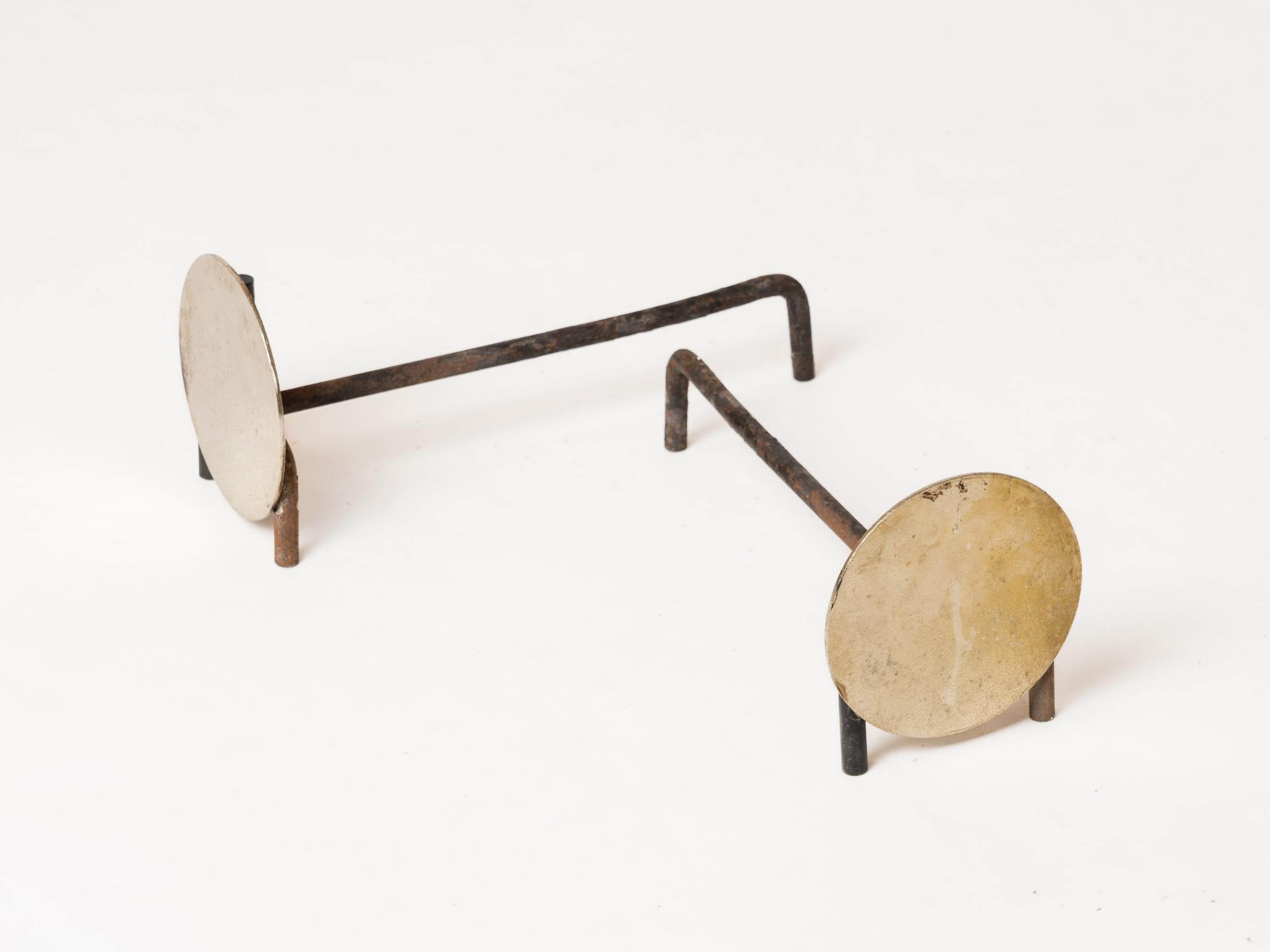 Late 20th Century Pair of Compact Minimalist Steel Discs Andirons - France 1970s For Sale
