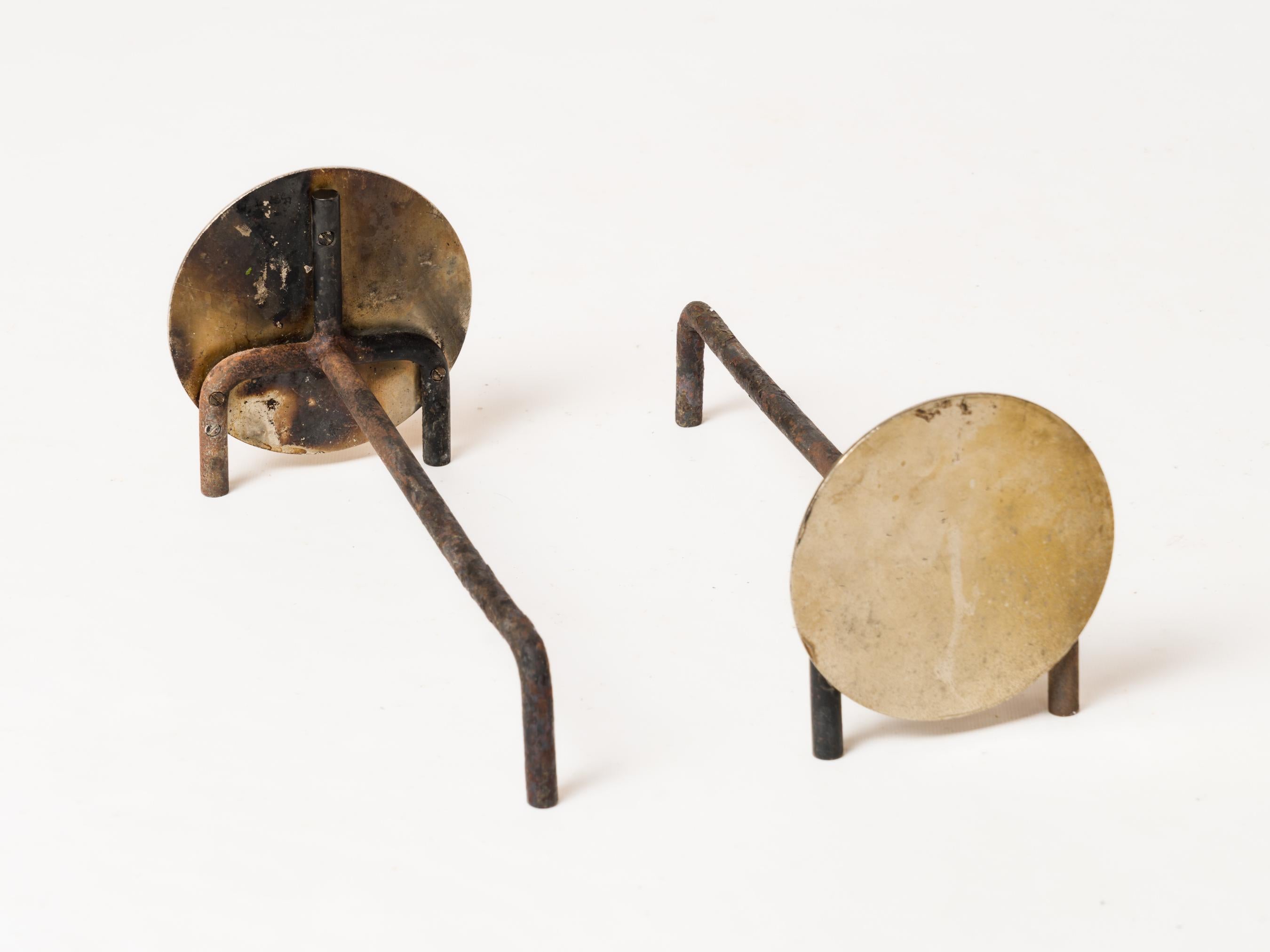 Pair of Compact Minimalist Steel Discs Andirons - France 1970s For Sale 1