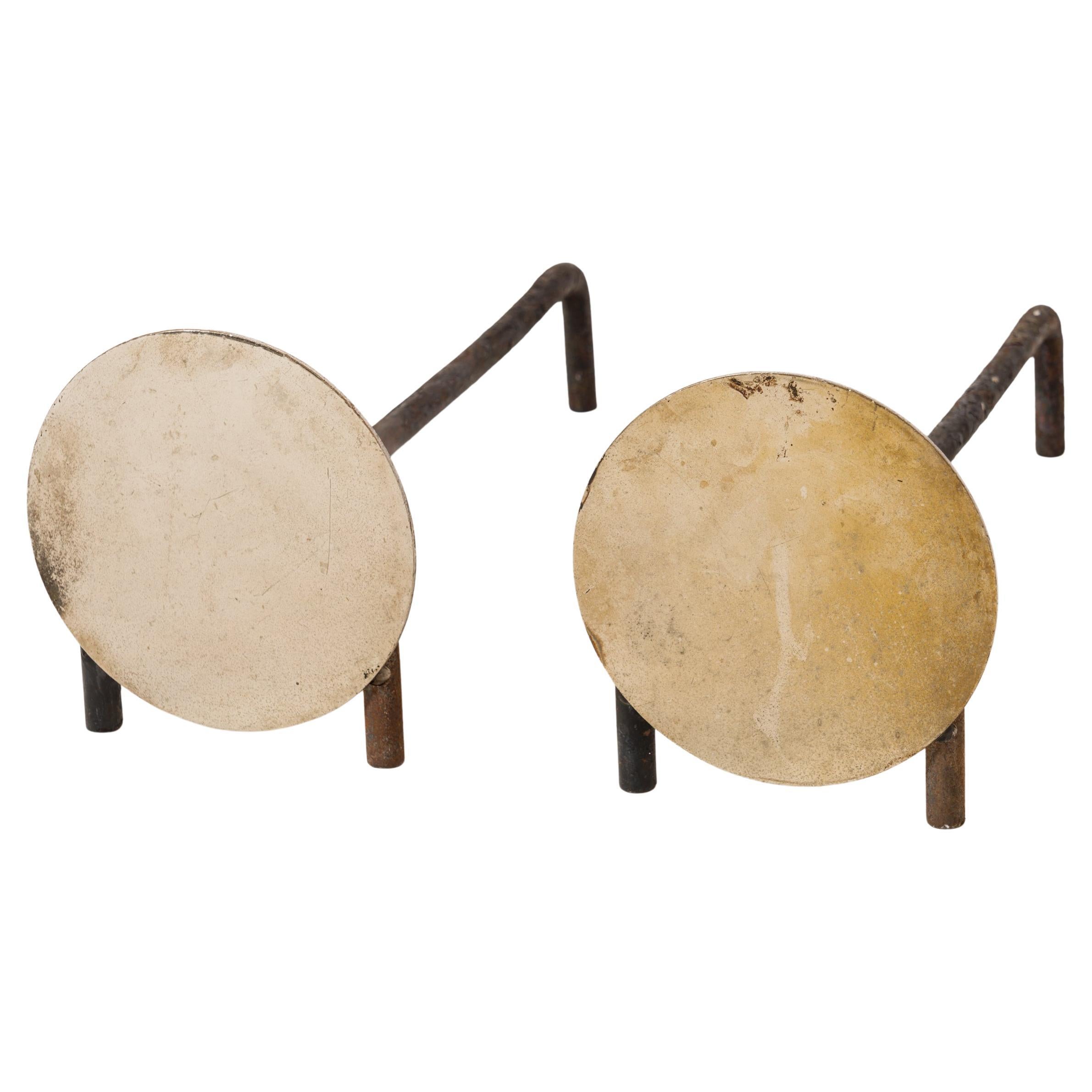 Pair of Compact Minimalist Steel Discs Andirons - France 1970s For Sale