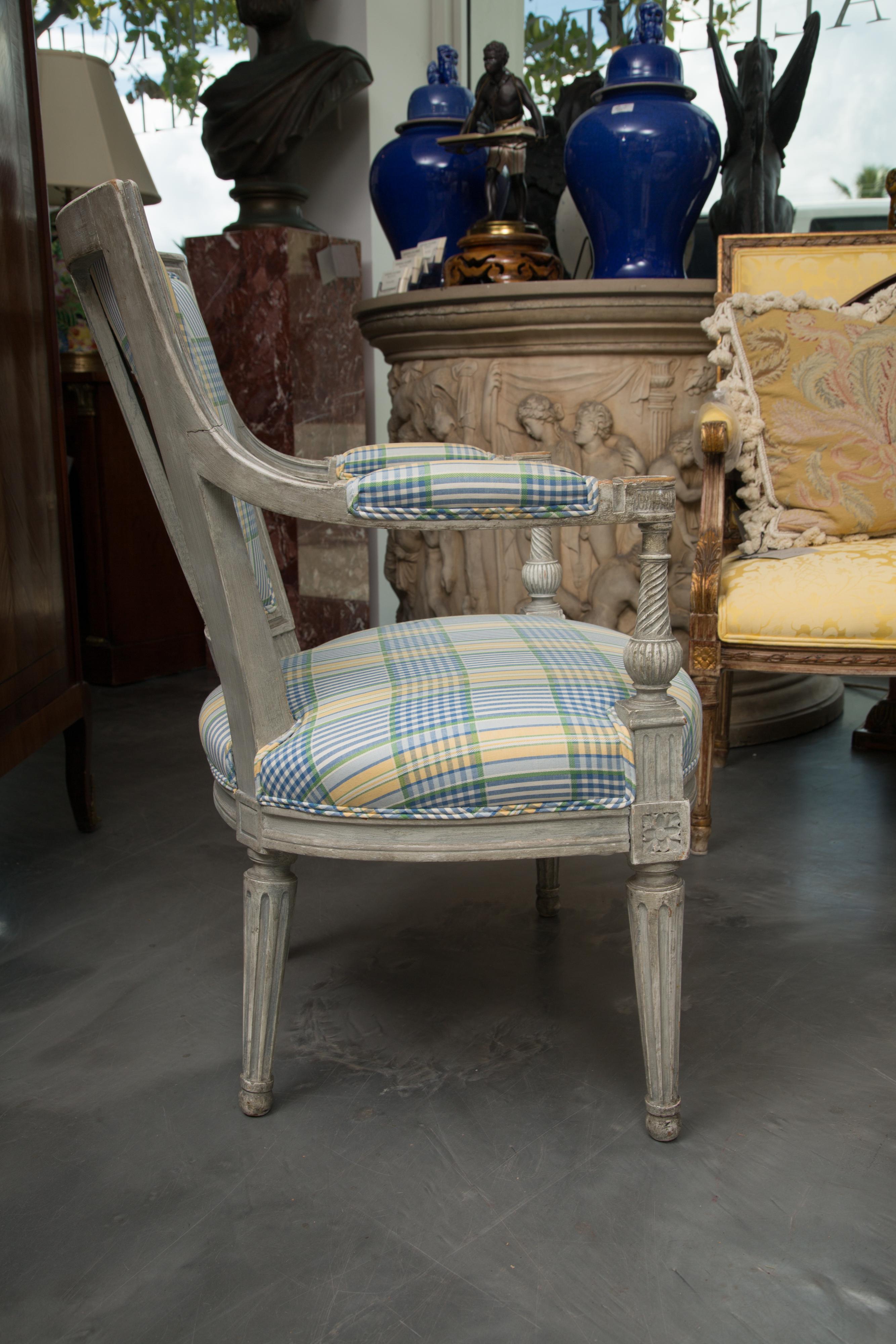 Pair of Companion Gray Painted Directoire Style Upholstered Chairs 7