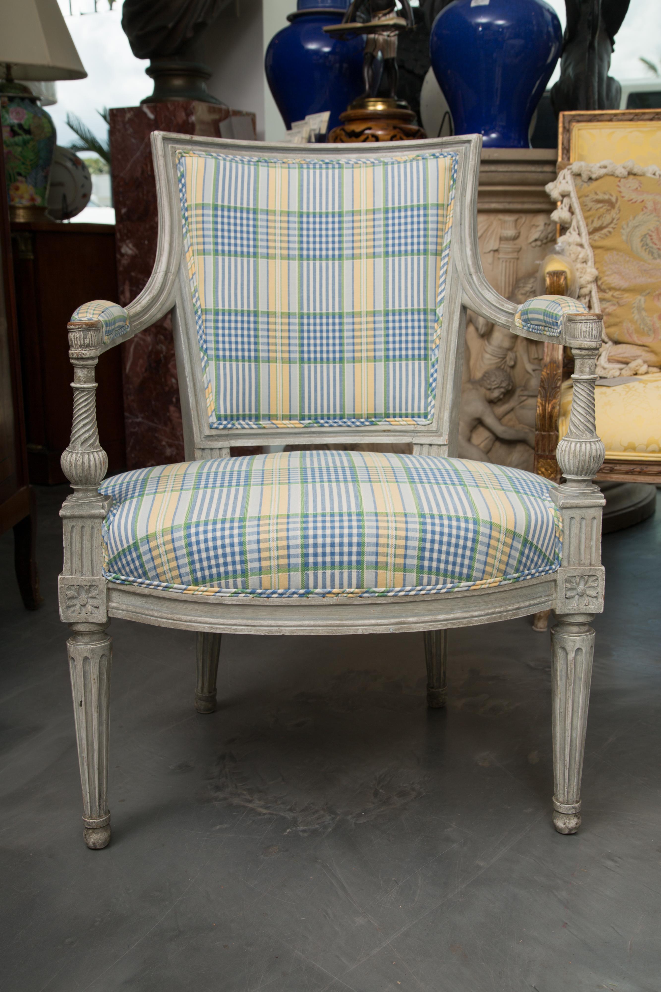 Pair of Companion Gray Painted Directoire Style Upholstered Chairs 8