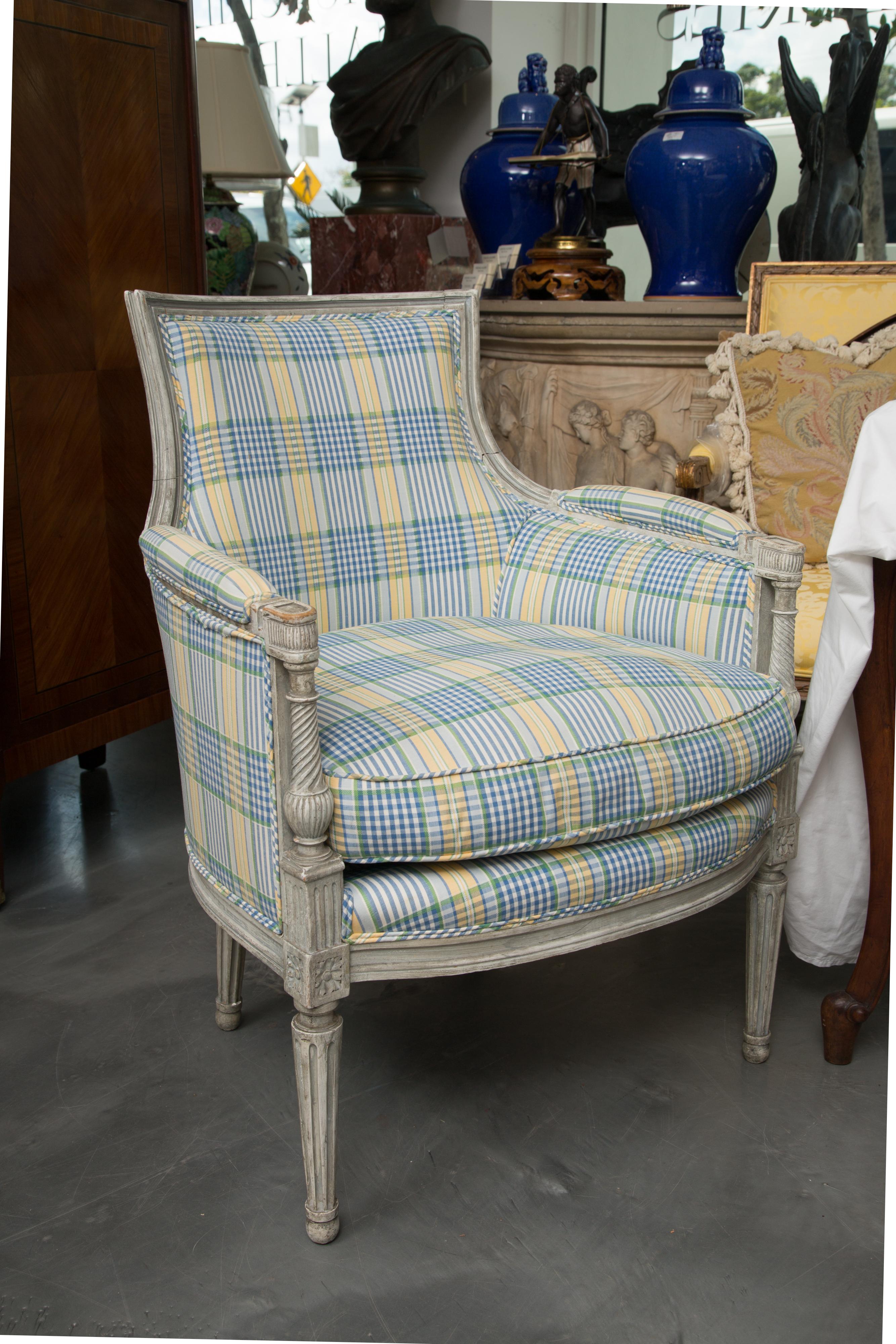 Hand-Painted Pair of Companion Gray Painted Directoire Style Upholstered Chairs