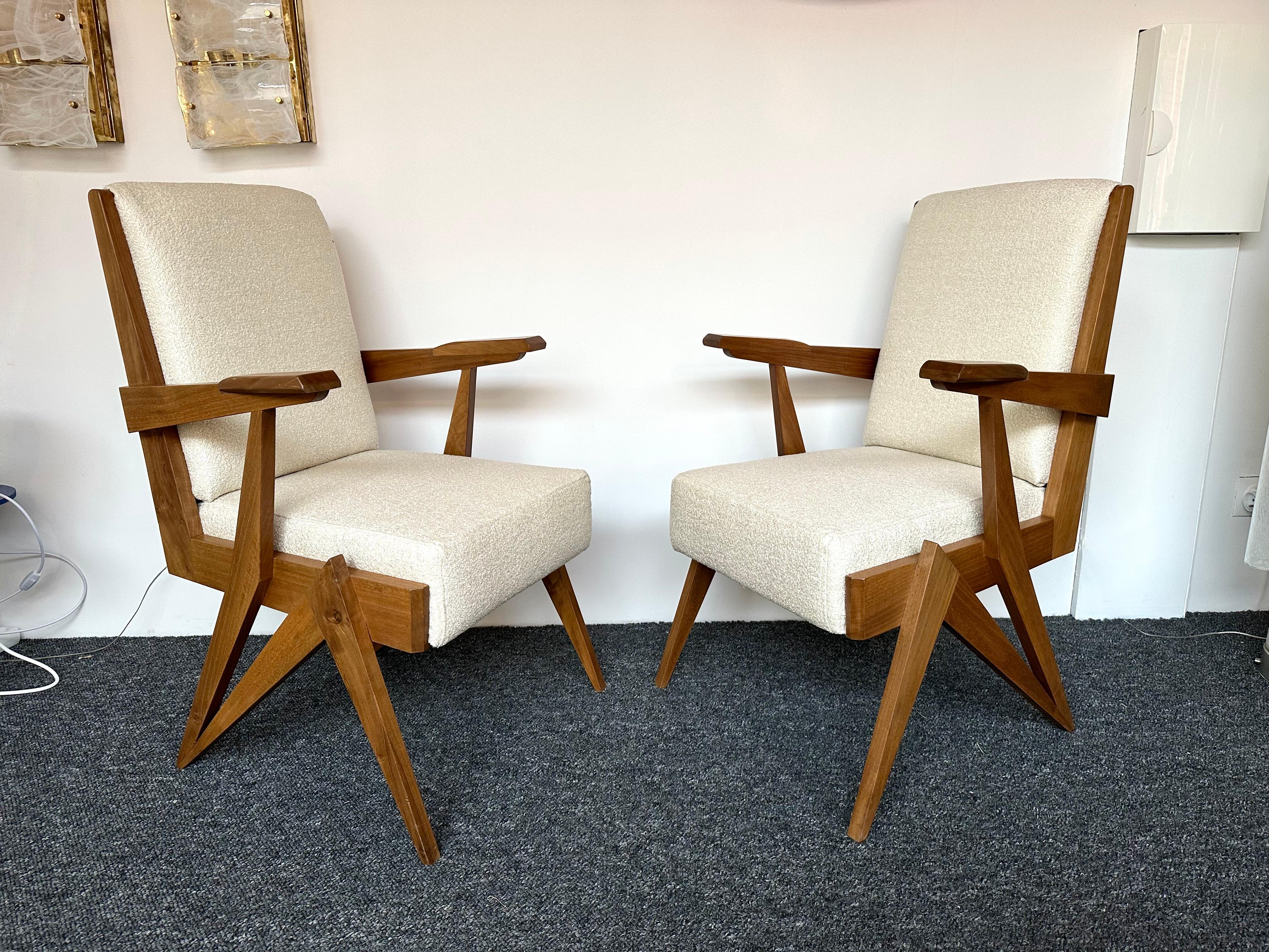 Mid-Century Modern Pair of Compass Wood Armchairs, Italy, 1960s For Sale 5