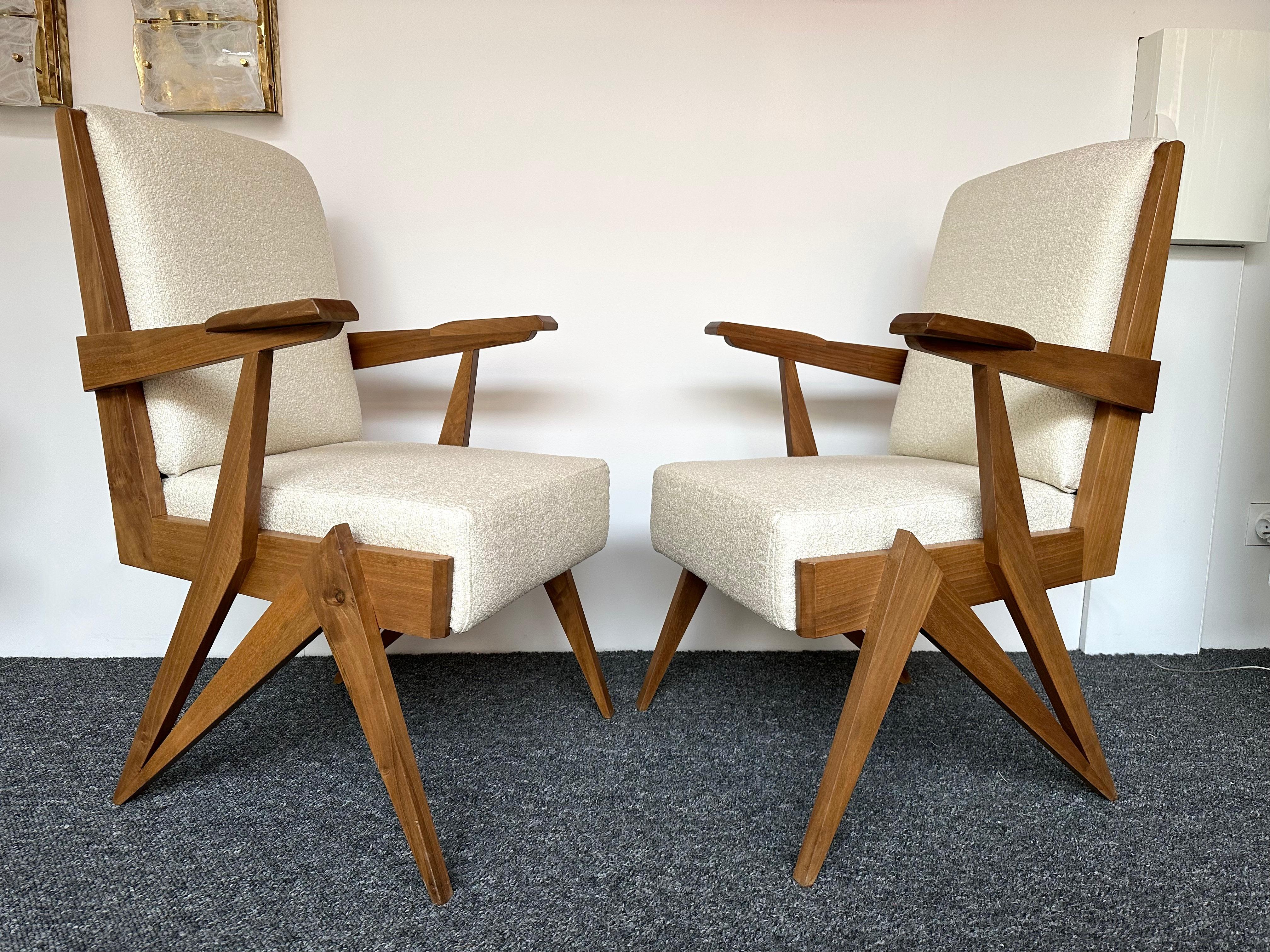 Mid-Century Modern Pair of Compass Wood Armchairs, Italy, 1960s For Sale 7