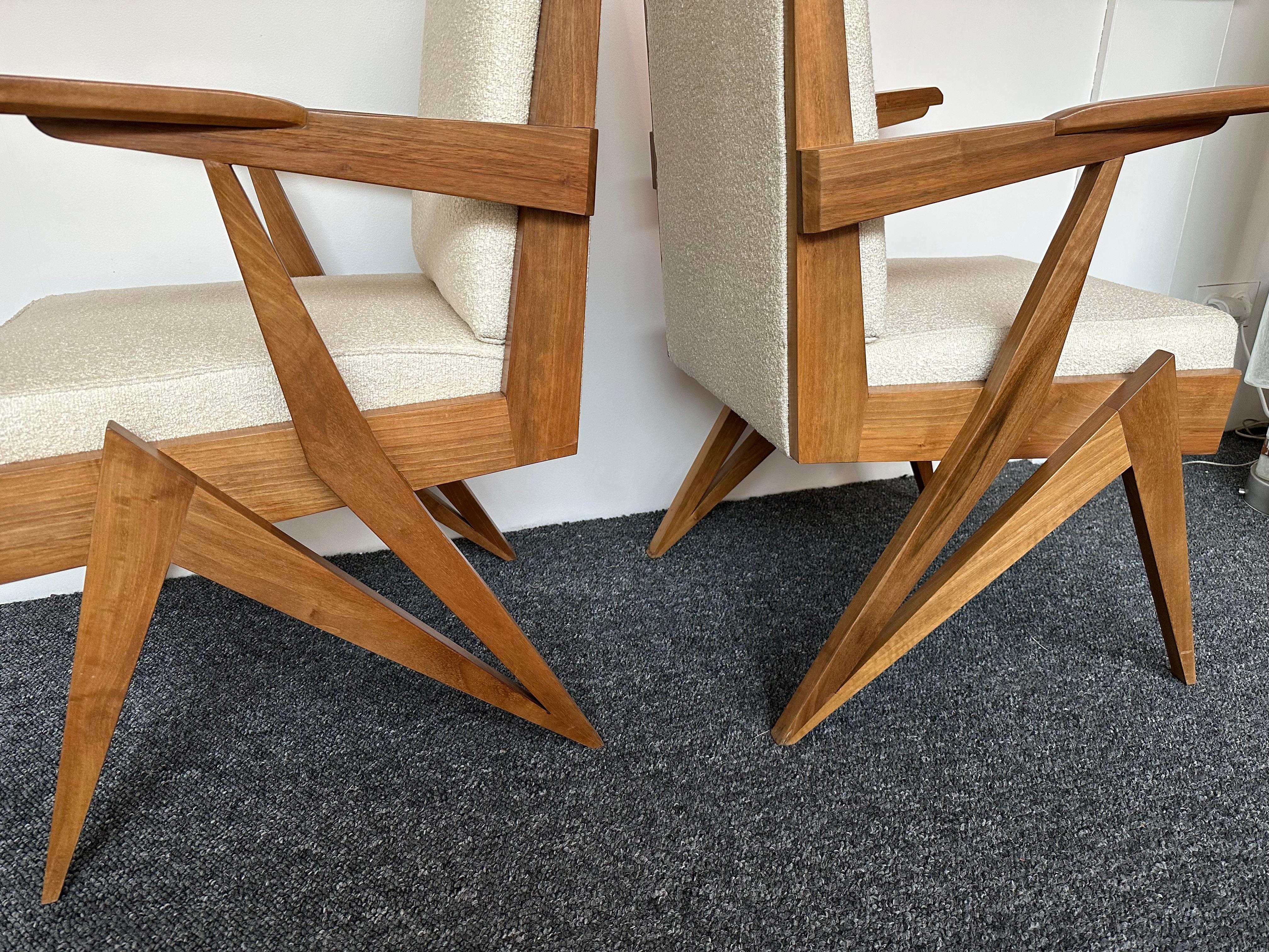 Mid-Century Modern Pair of Compass Wood Armchairs, Italy, 1960s For Sale 8