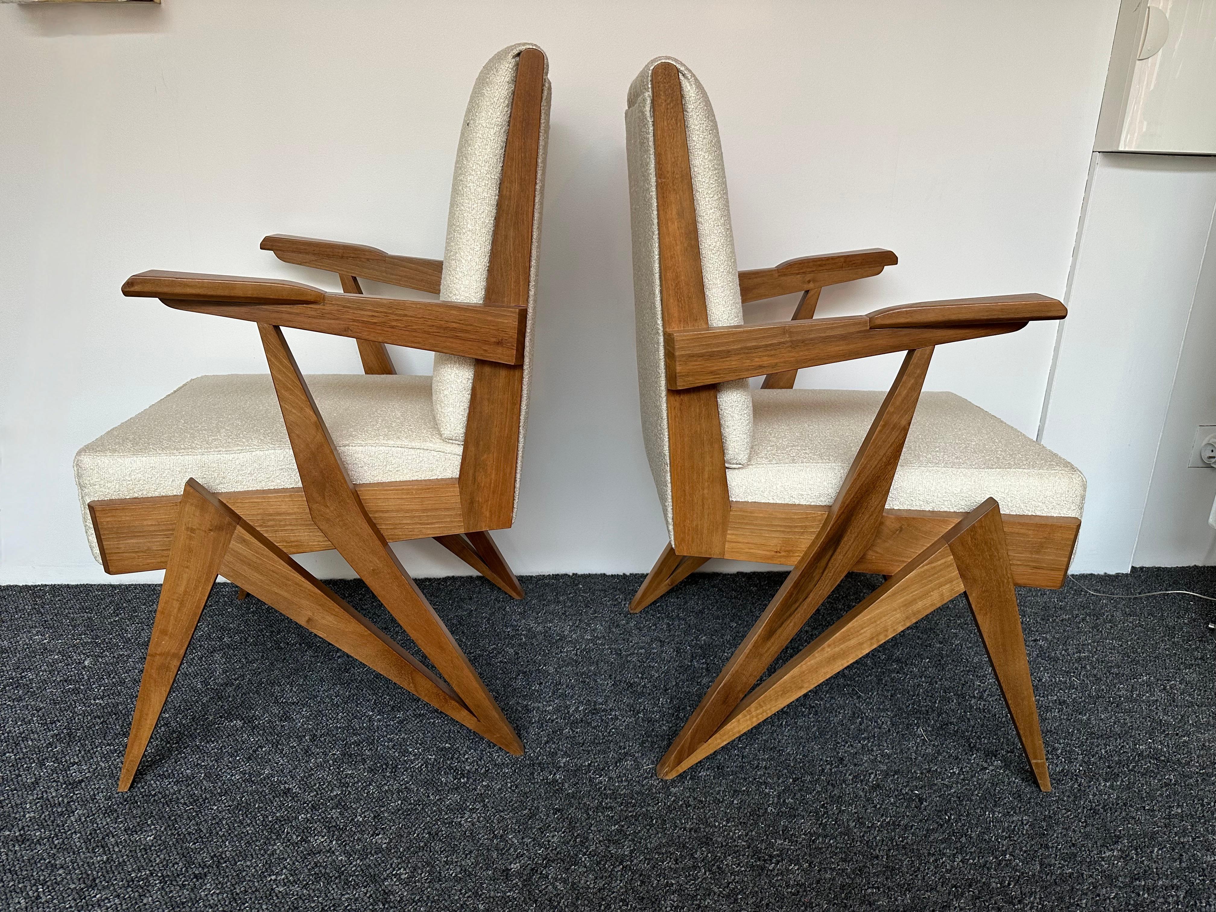 Mid-20th Century Mid-Century Modern Pair of Compass Wood Armchairs, Italy, 1960s For Sale