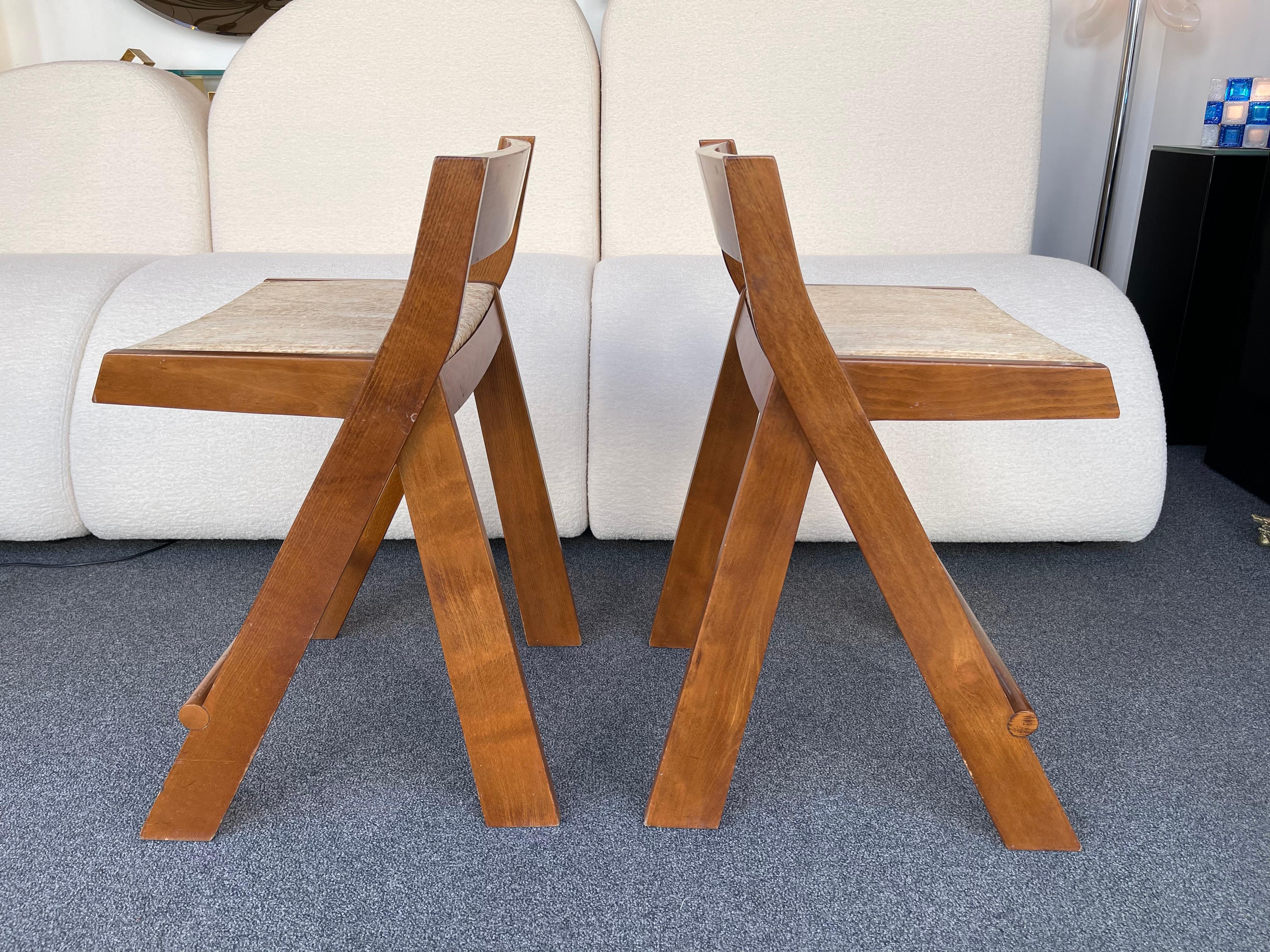Pair of Compas Wood Counter Stools, Italy 2