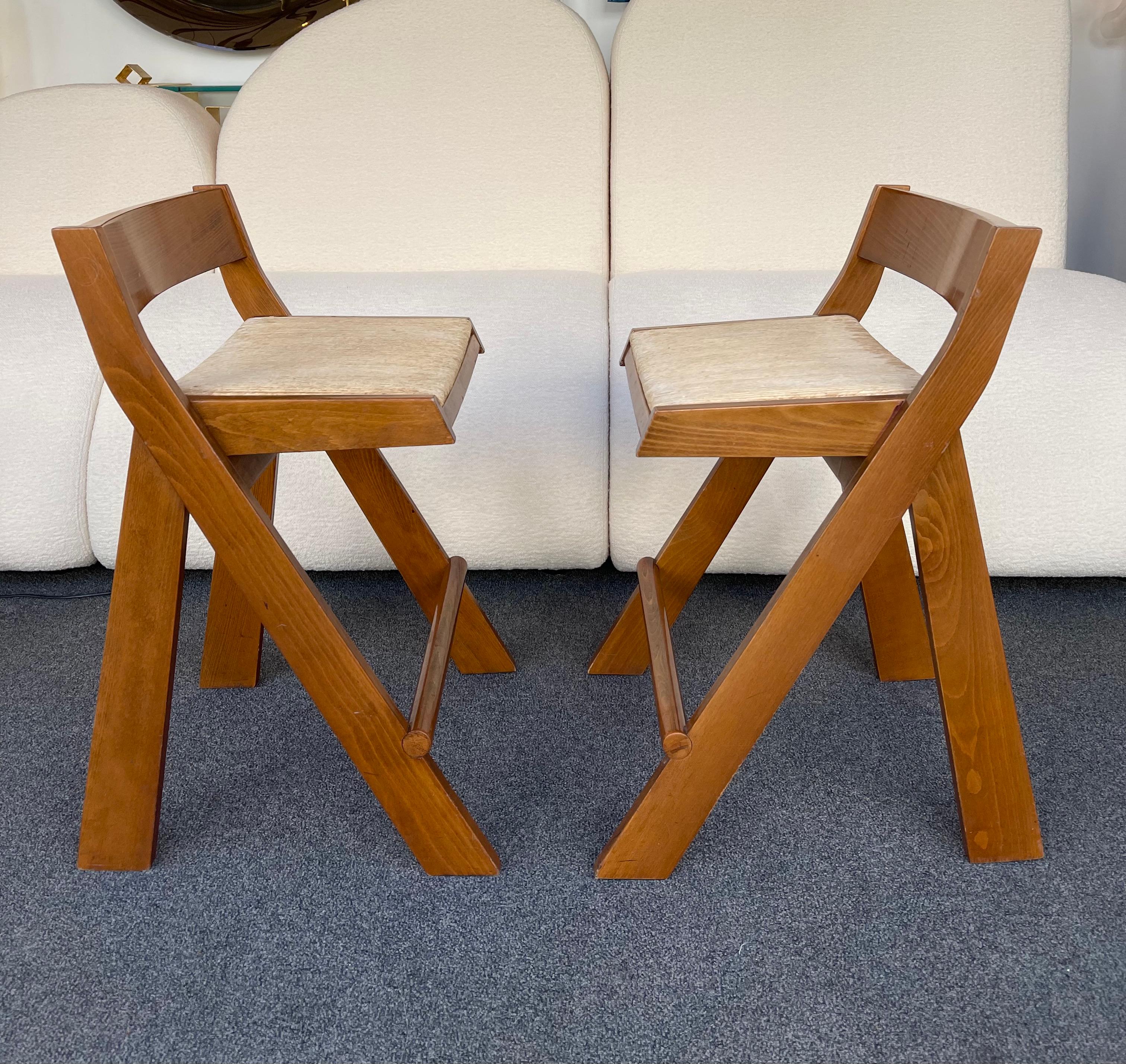 Pair of Compas Wood Counter Stools, Italy For Sale 6