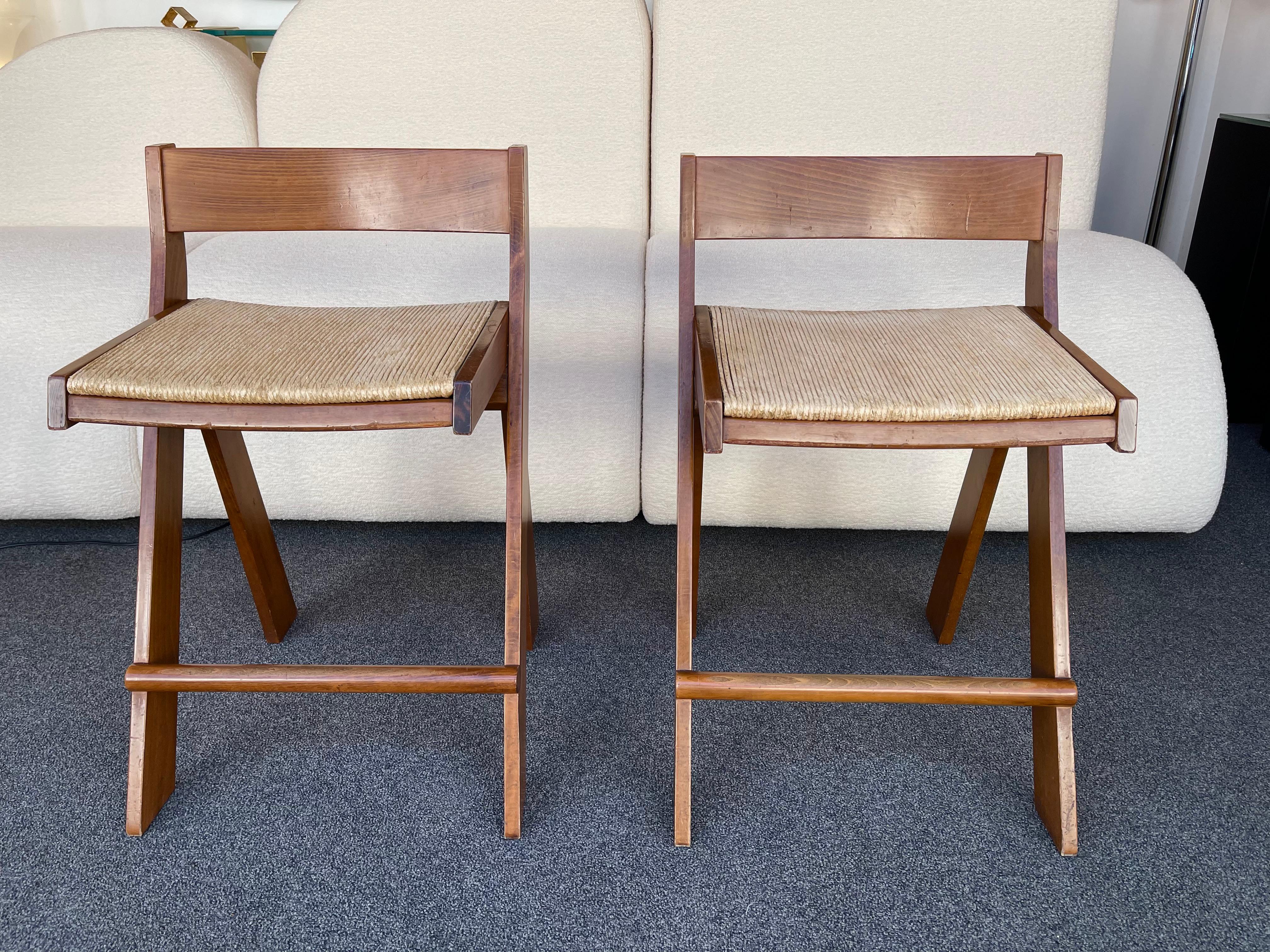 20th Century Pair of Compas Wood Counter Stools, Italy For Sale