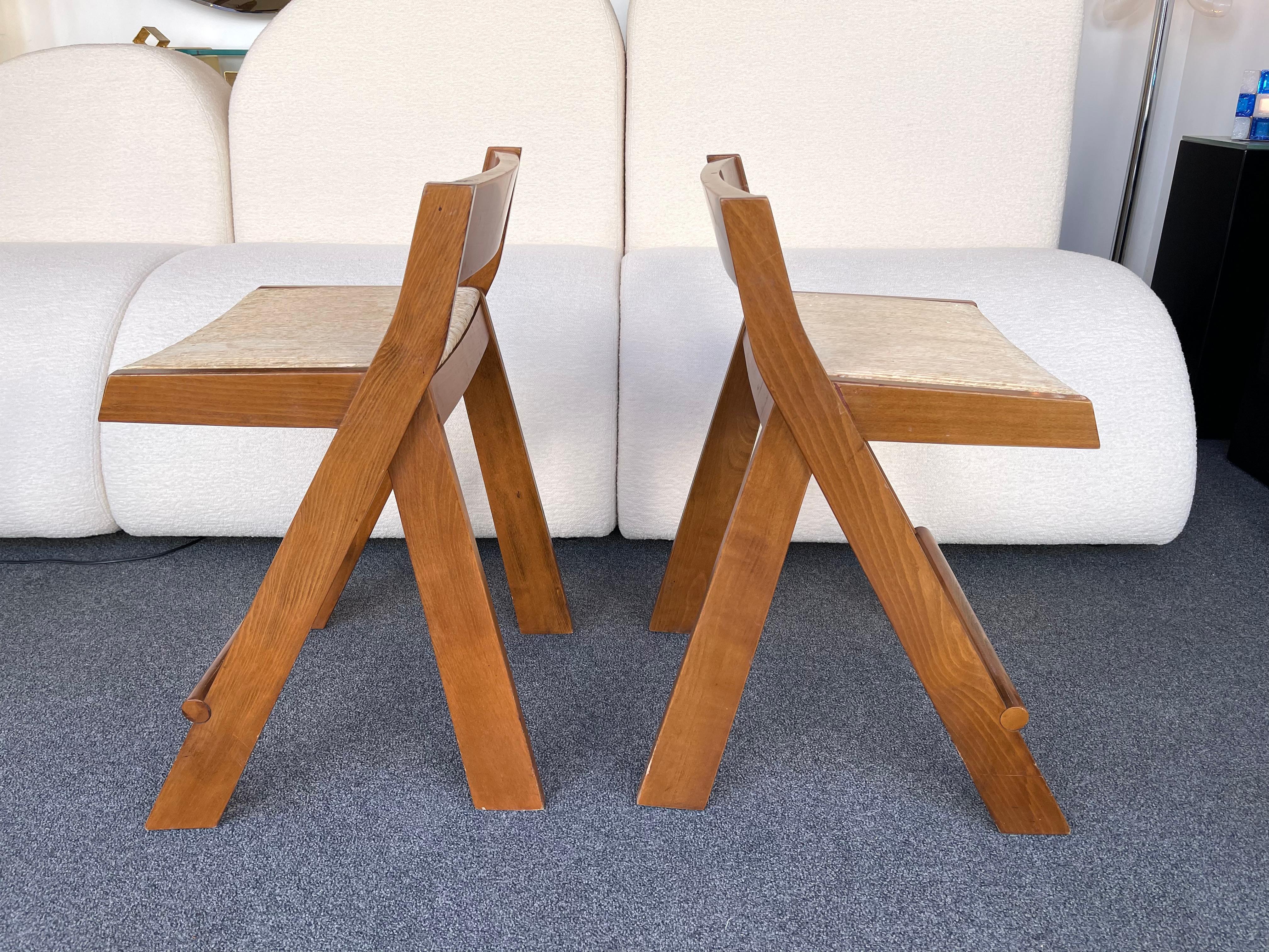 Pair of Compas Wood Counter Stools, Italy For Sale 1