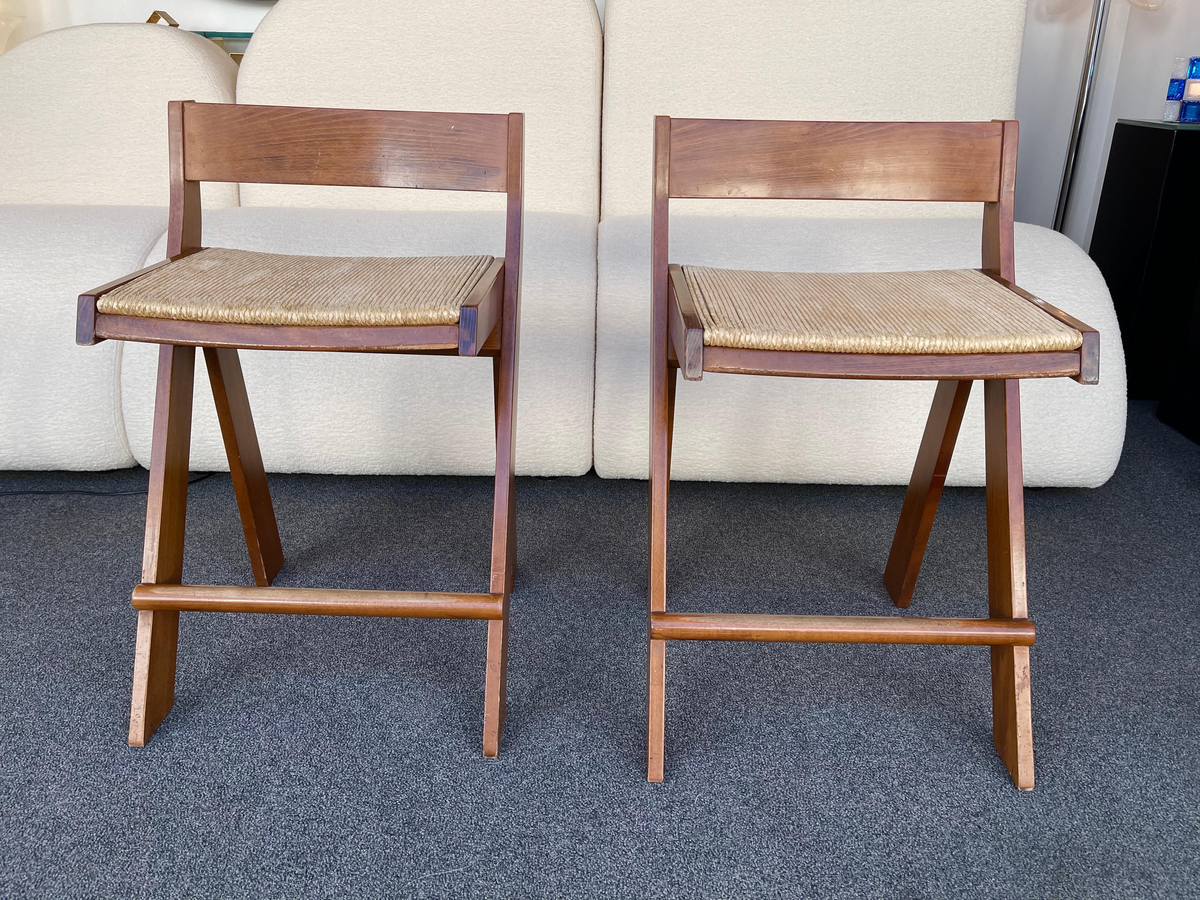 20th Century Pair of Compas Wood Counter Stools, Italy