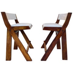 Pair of Compas Wood Counter Stools, Italy