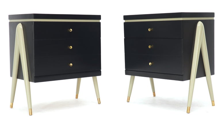 Pair Of Compass Shape Legs Black And Grey Lacquer 2 Drawer Night