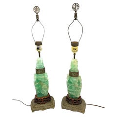 Pair Of Compatible Antique Chinese Hand Carved Green Quartz Lamps