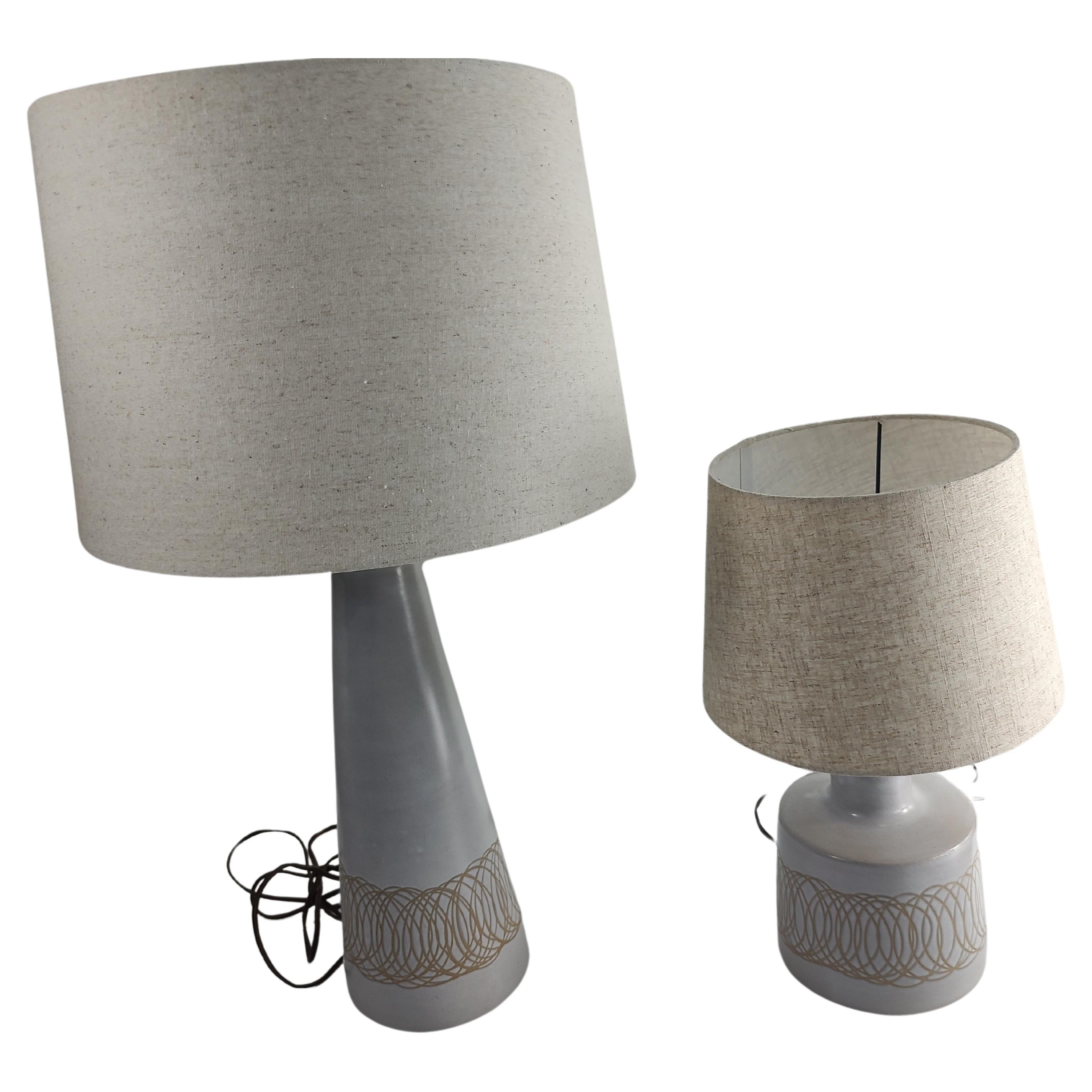 Turned Pair of Complimentary Ceramic Table Lamps by Gordon & Jane Martz with Shades  For Sale