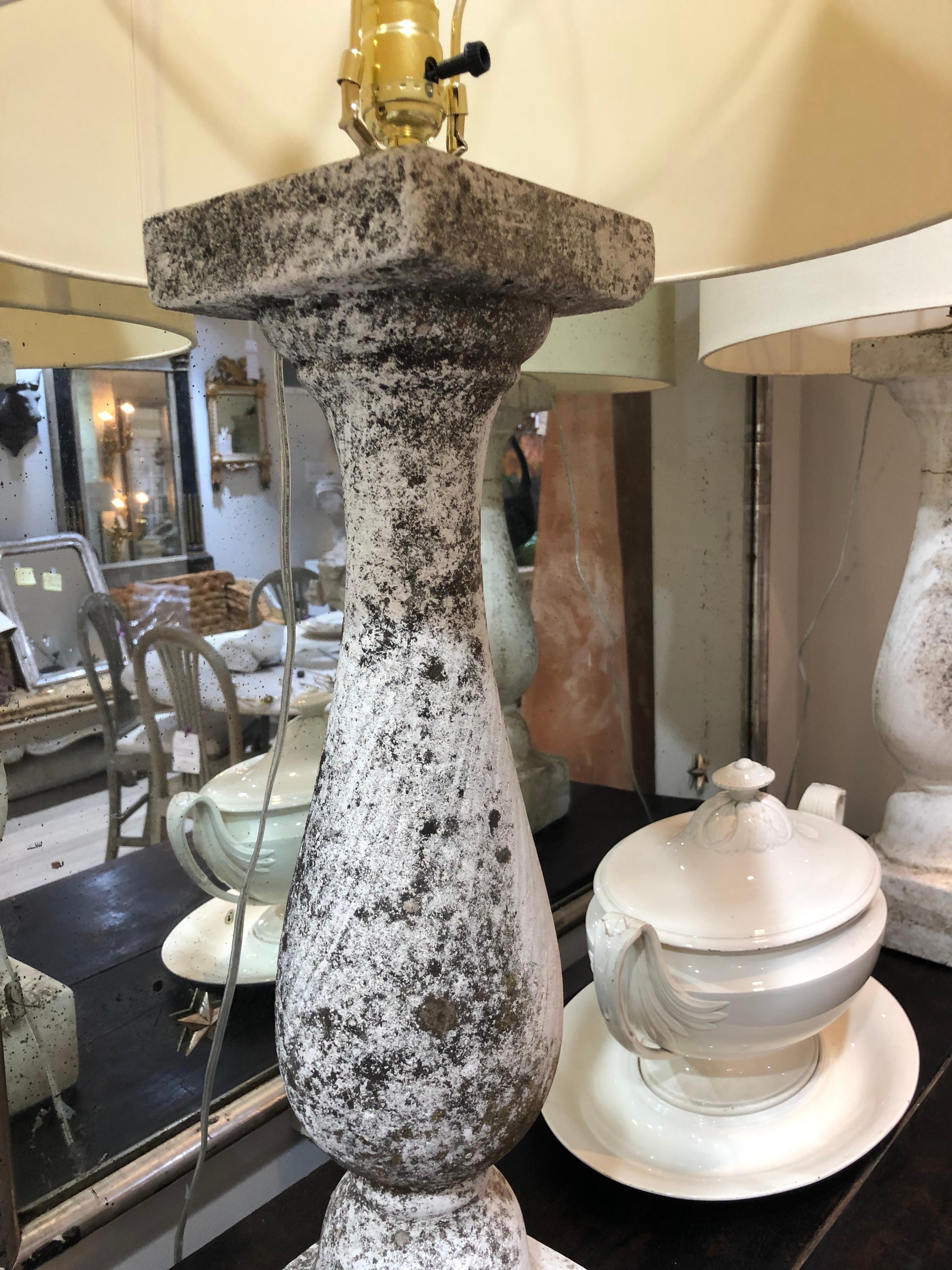 French Pair of Composite Stone Baluster Table Lamps with Lichen For Sale