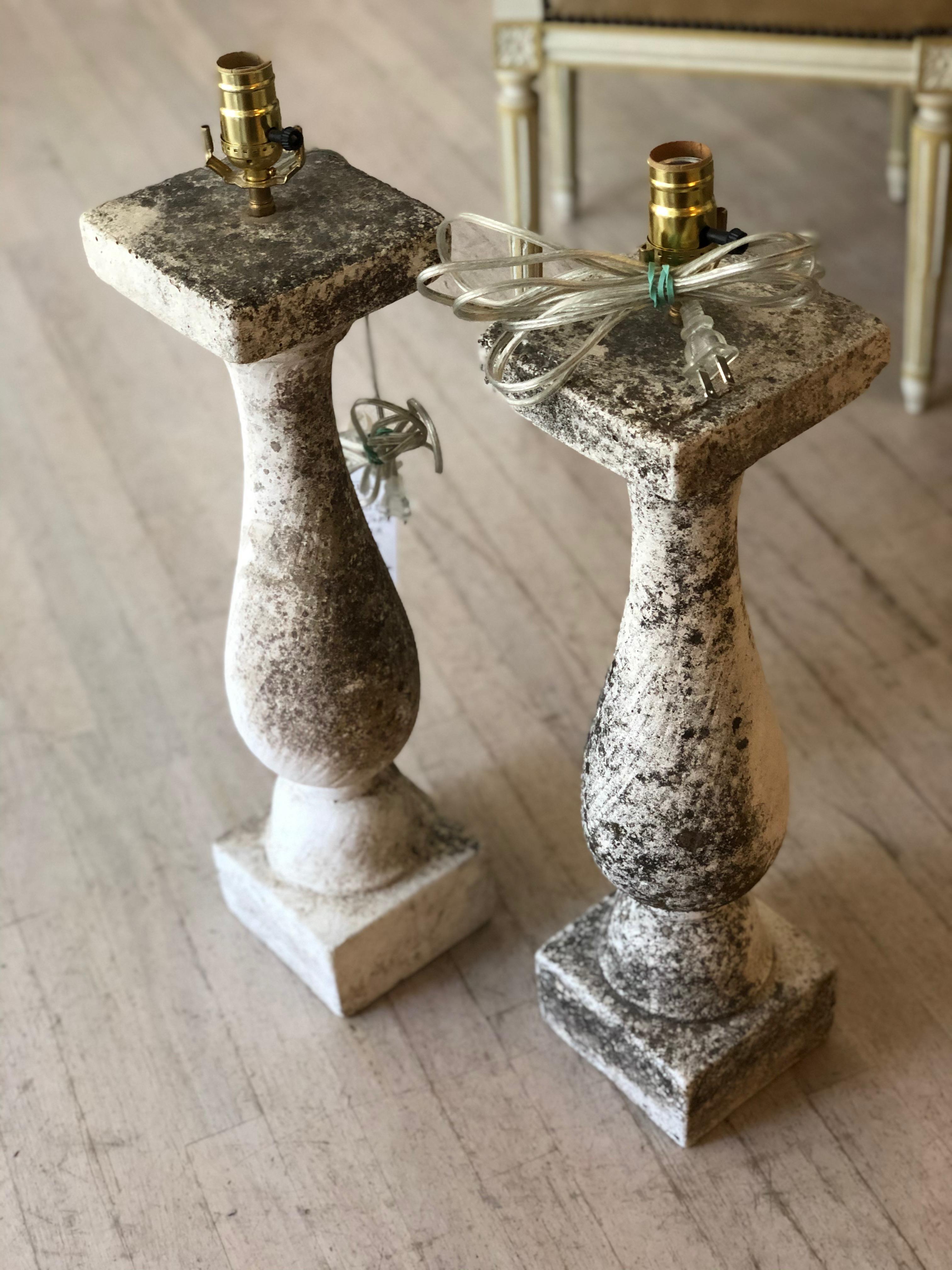 Pair of Composite Stone Baluster Table Lamps with Lichen In Excellent Condition For Sale In Washington, DC