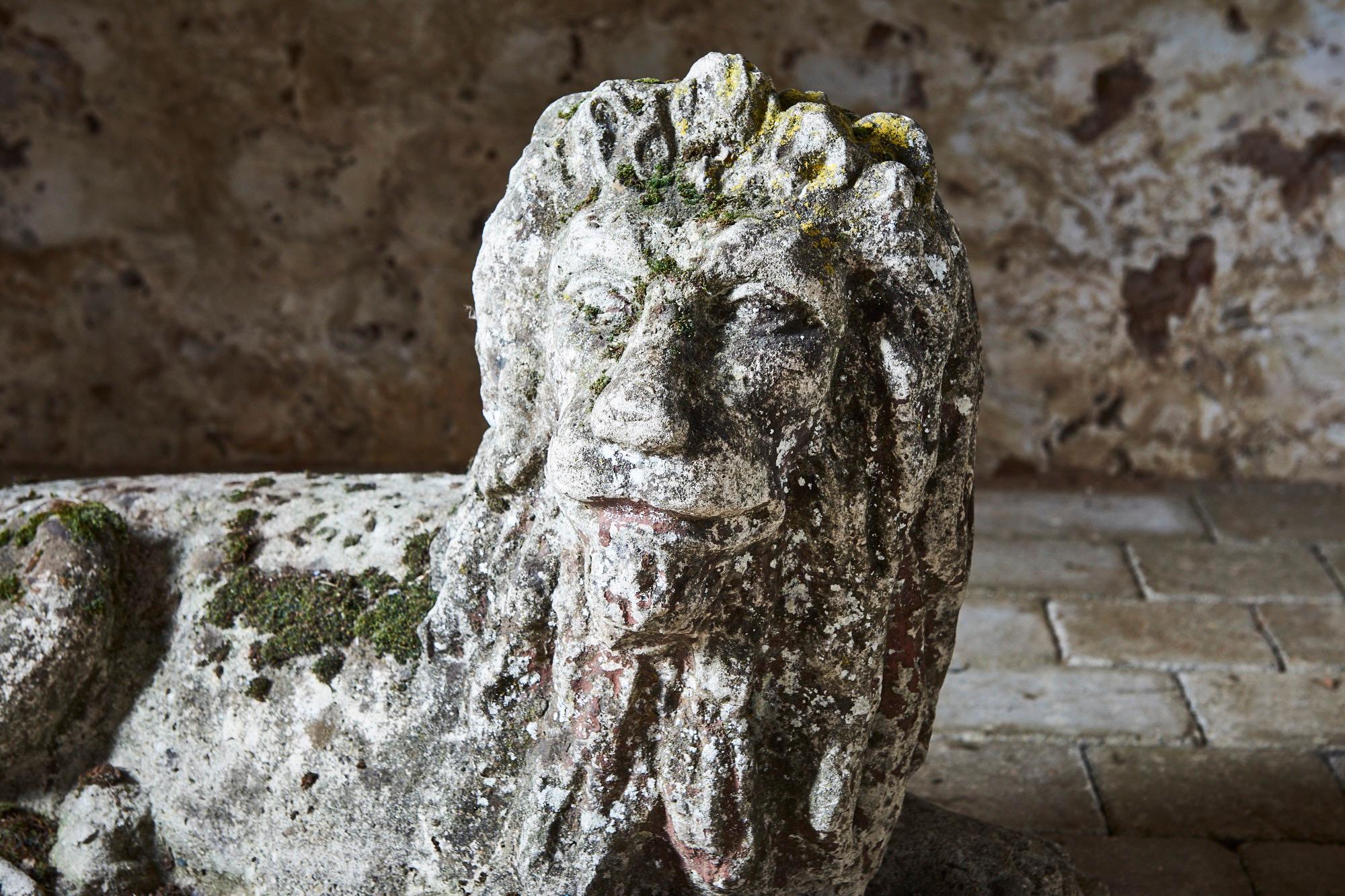These attractive composite stone lions are very well cast to reveal a high level of excellent detailing. Unlike many others lion statues, these have attractive faces and over the years have developed a weathered and mossy patina. They are a really