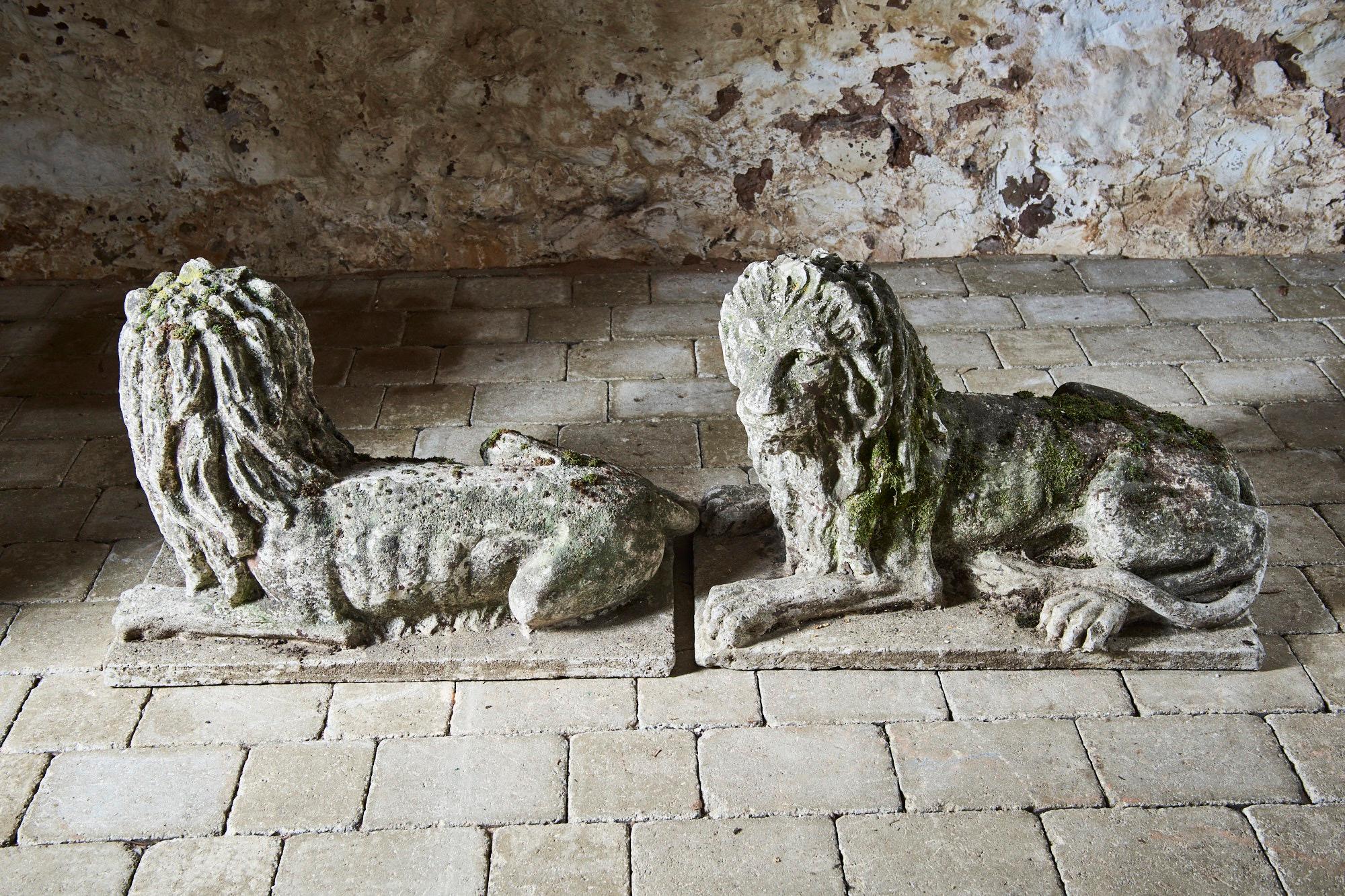 French Pair of Composite Stone Recumbent Lions For Sale