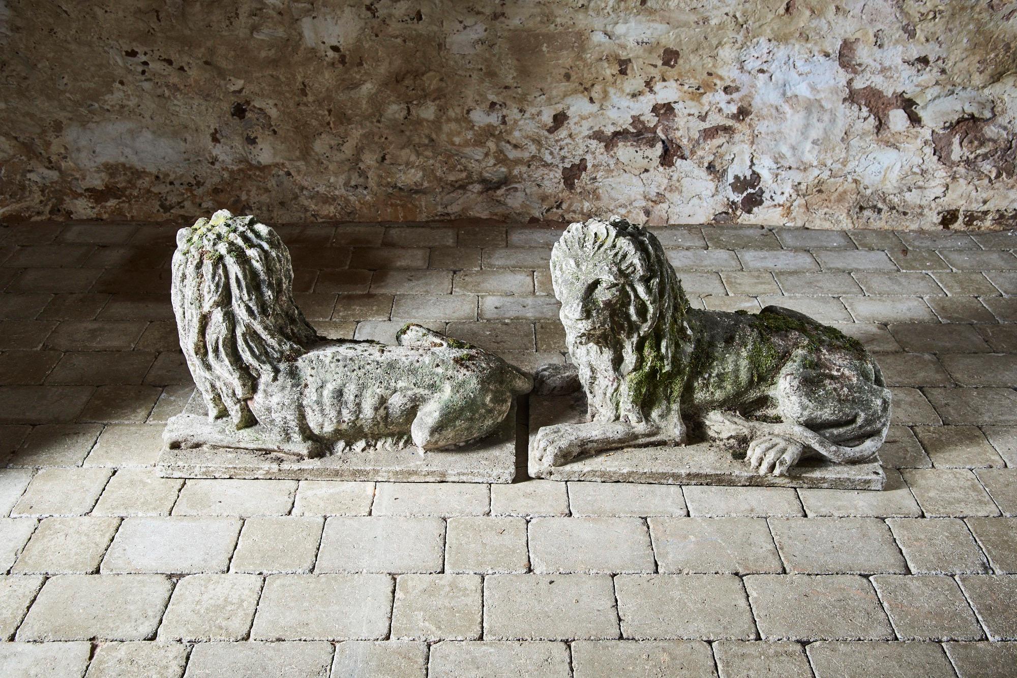 Pair of Composite Stone Recumbent Lions For Sale 1