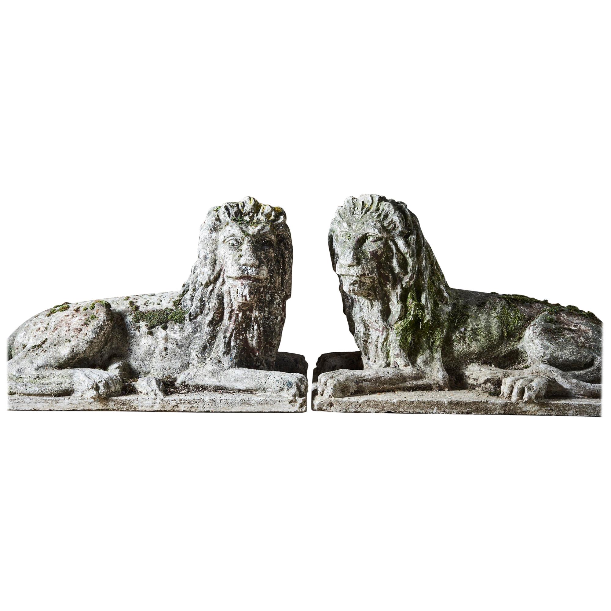Pair of Composite Stone Recumbent Lions For Sale